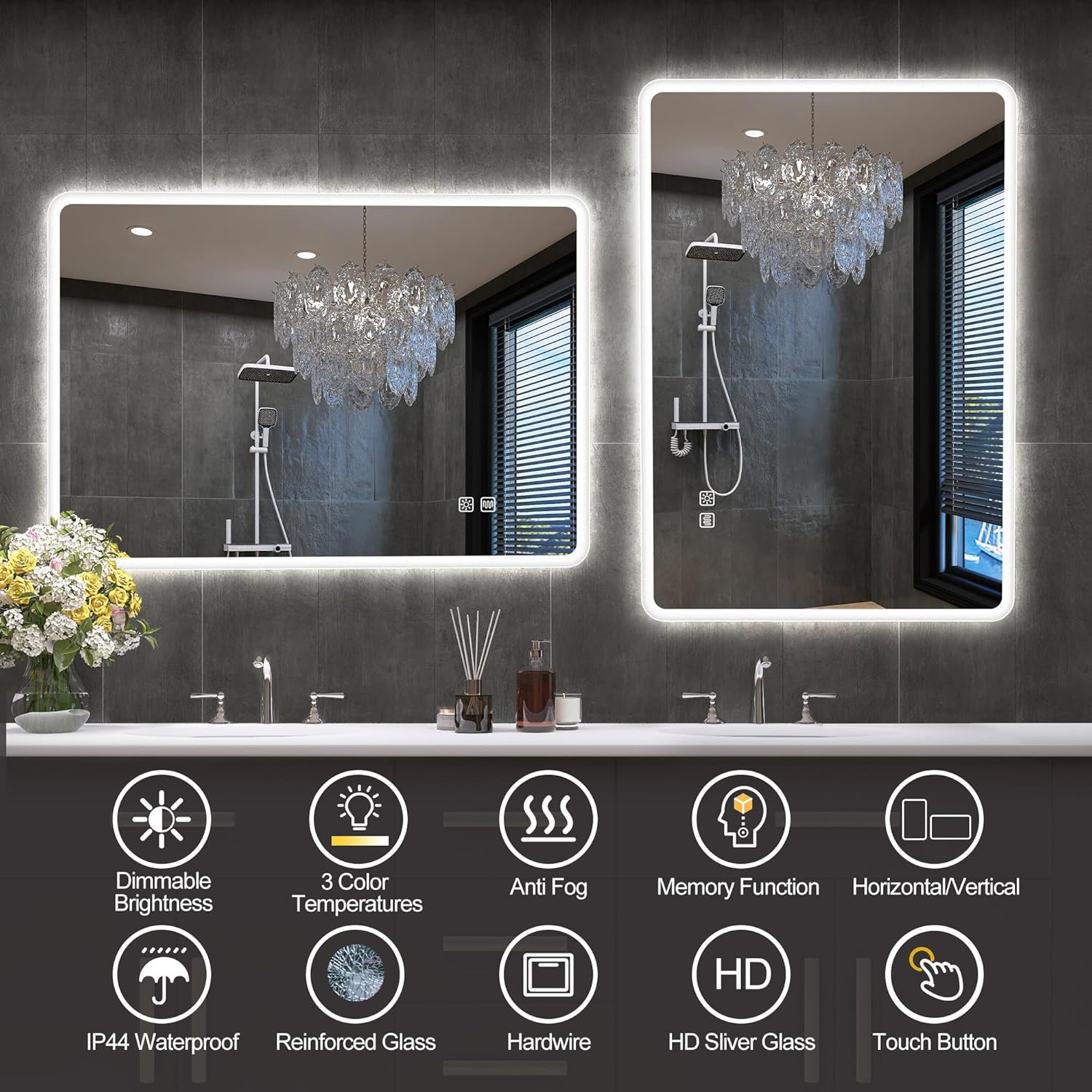 S'bagno badeværelsesspejl med lys 1200x700mm, IP44 - badeværelsesspejl med LED og Bluetooth, antidugfunktion / 3 lysfarver (3000K, 4000K, 6500K) / Dæmpbar / Memory, lodrette eller vandrette badeværelsesspejle med LED