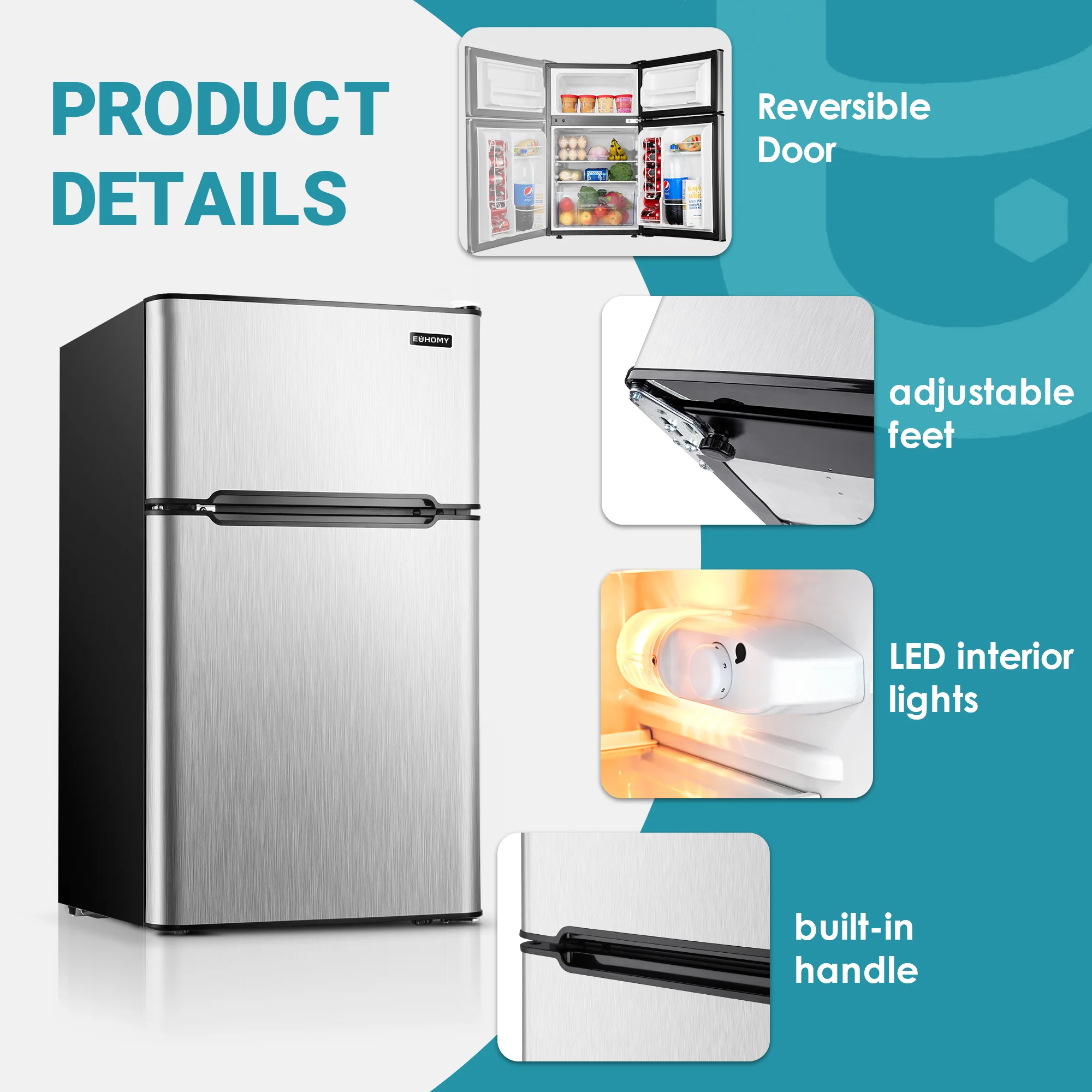 Mini-réfrigérateur EUHOMY 2025 de 90 litres (3,2 pi³) – Encastrable ou pose libre