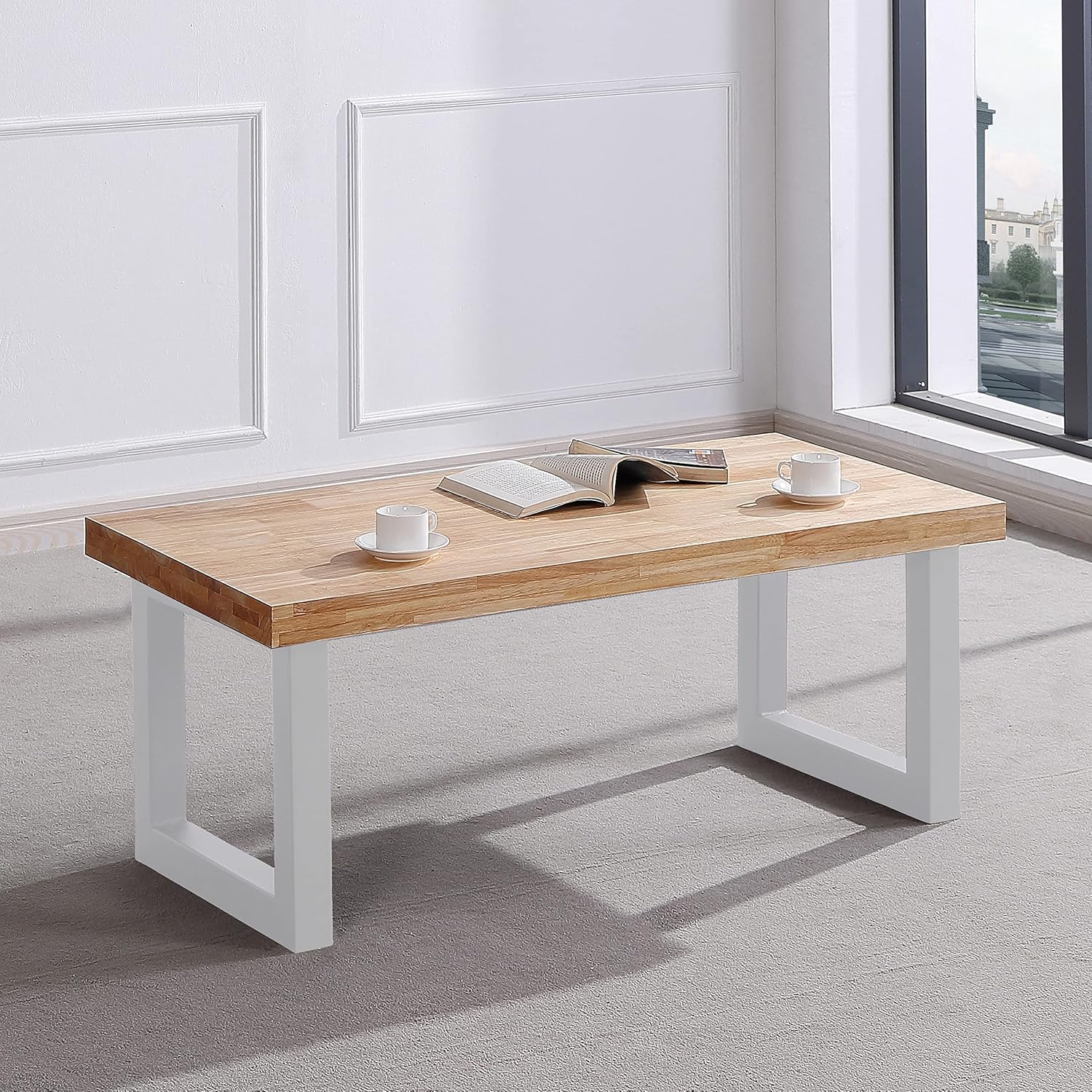 Duehome | Loft, höhenverstellbarer Couchtisch, Esstisch, Eiche und Weiß, Maße: 120 cm (L) x 60 cm (B) x 47,5/62 cm (H)