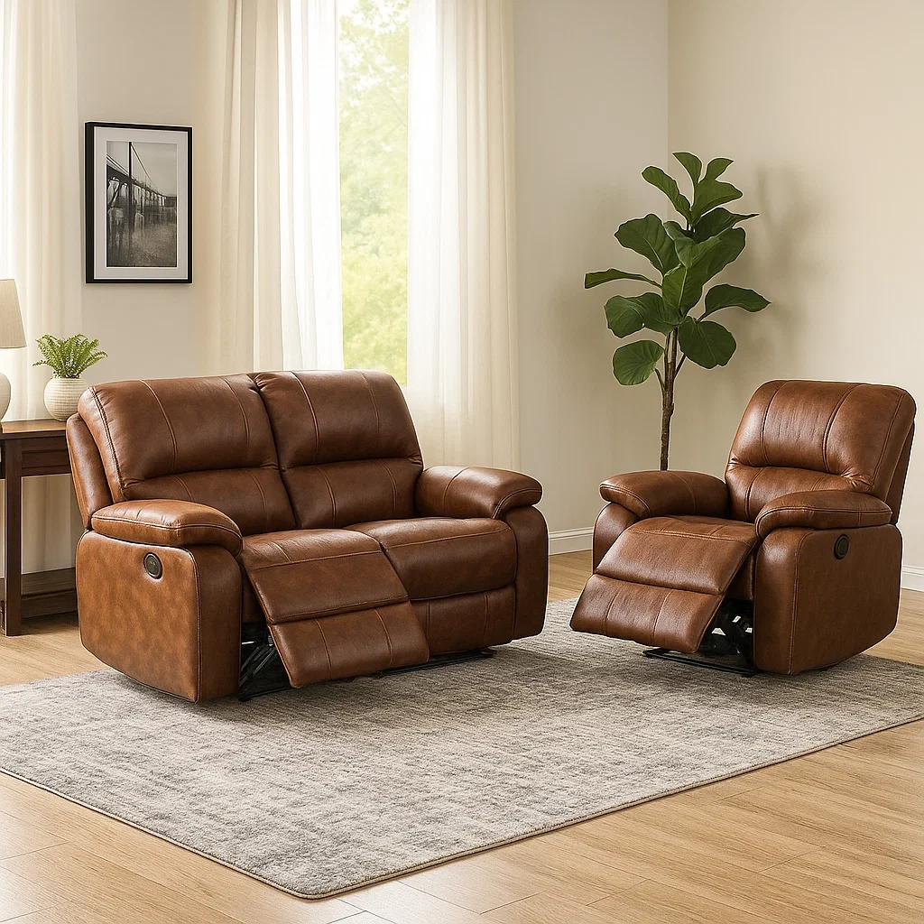 Ensemble canapé 3 places, similicuir marron, composé d'un fauteuil et d'un canapé 2 places inclinables, fauteuil 90 x 95 x 100 cm, canapé 160 x 95 x 100 cm, salon - L4Onv17yrGY1