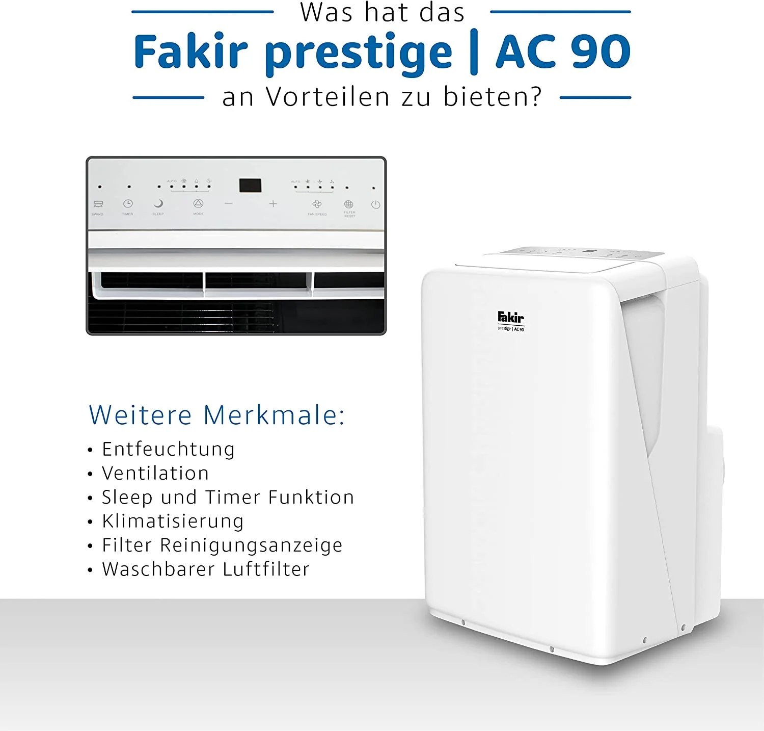 Fakir Prestige AC 90 (2025) – Tragbare Klimaanlage | Luftkühler mit 3 Windmodi + Automatikfunktion, Timer und Fernbedienung | Zusatzventilator für Räume bis zu 85 m³ | Weiß | 2600 Watt