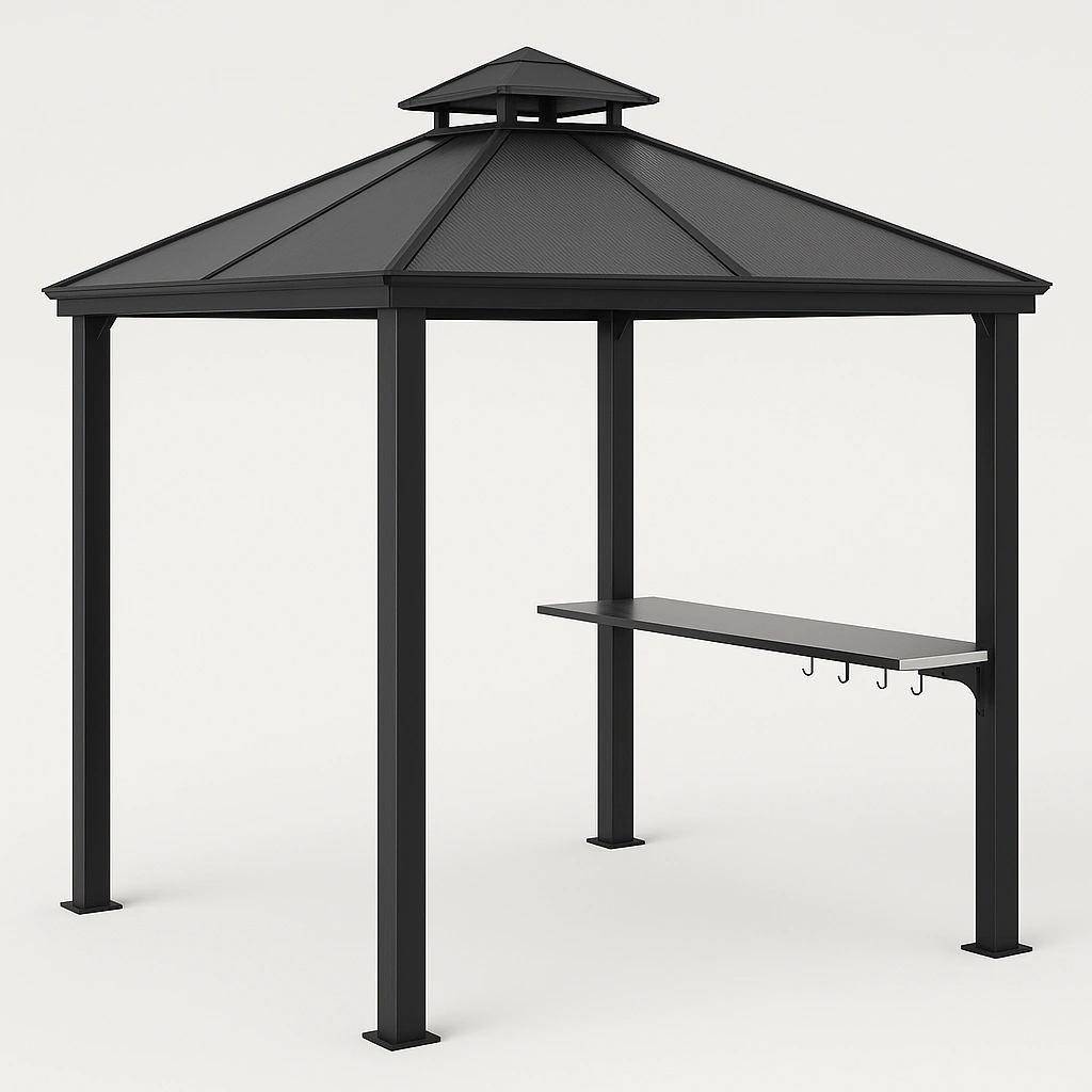 Abri de jardin en métal noir avec barbecue, grilles et crochets, 2,5 x 2,5 x 2,8 m