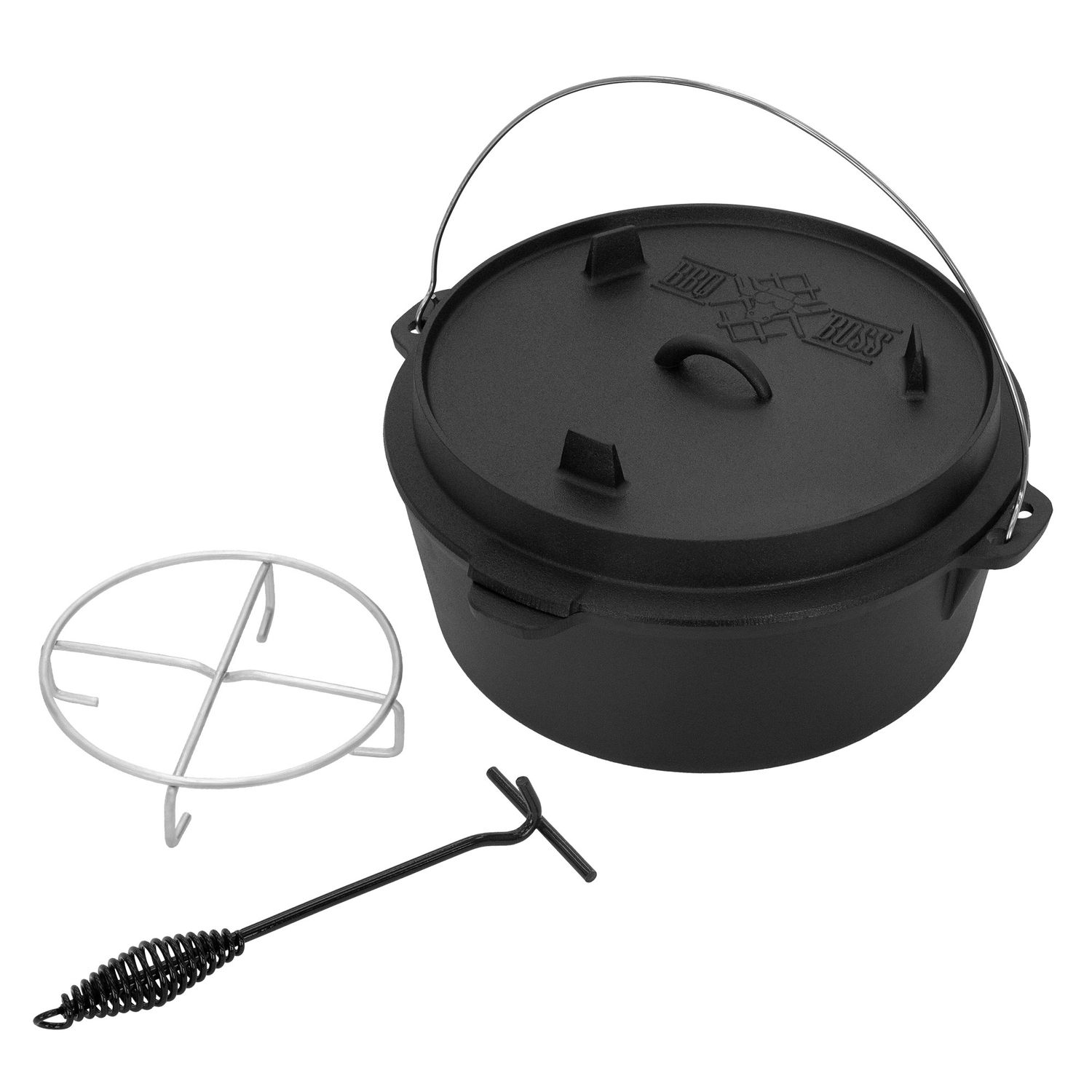 Dutch Oven Set BBQ 13.6L Schwarz mit Deckelheber und Grillrost #boss