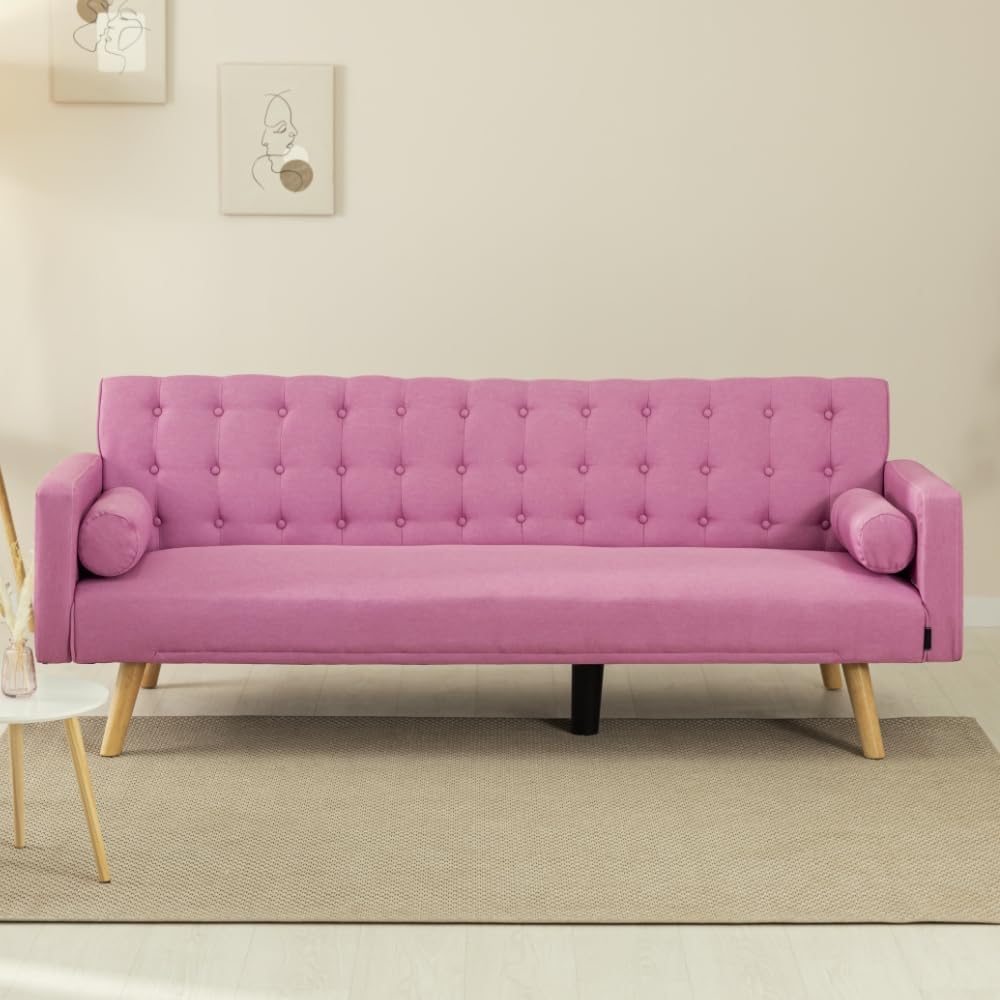 Nalui – 3-Sitzer-Schlafsofa, gepolstert, 203 x 82 x 78 cm, One Dots, mit 2 Kissen und Klick-Klack-Öffnungsmechanismus mit mehreren Liegepositionen. Chaiselongue-Schlafsofa mit Holzbeinen, umwandelbar in ein Doppelbett | Beige