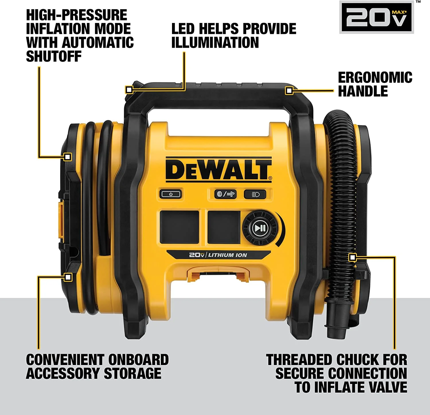 2025 Vare #0177 DEWALT 20V MAX Kompakt og bærbar dækkompressor. Automatisk slukning. LED-lys. Værktøj uden batteri eller oplader (DCC020IB)