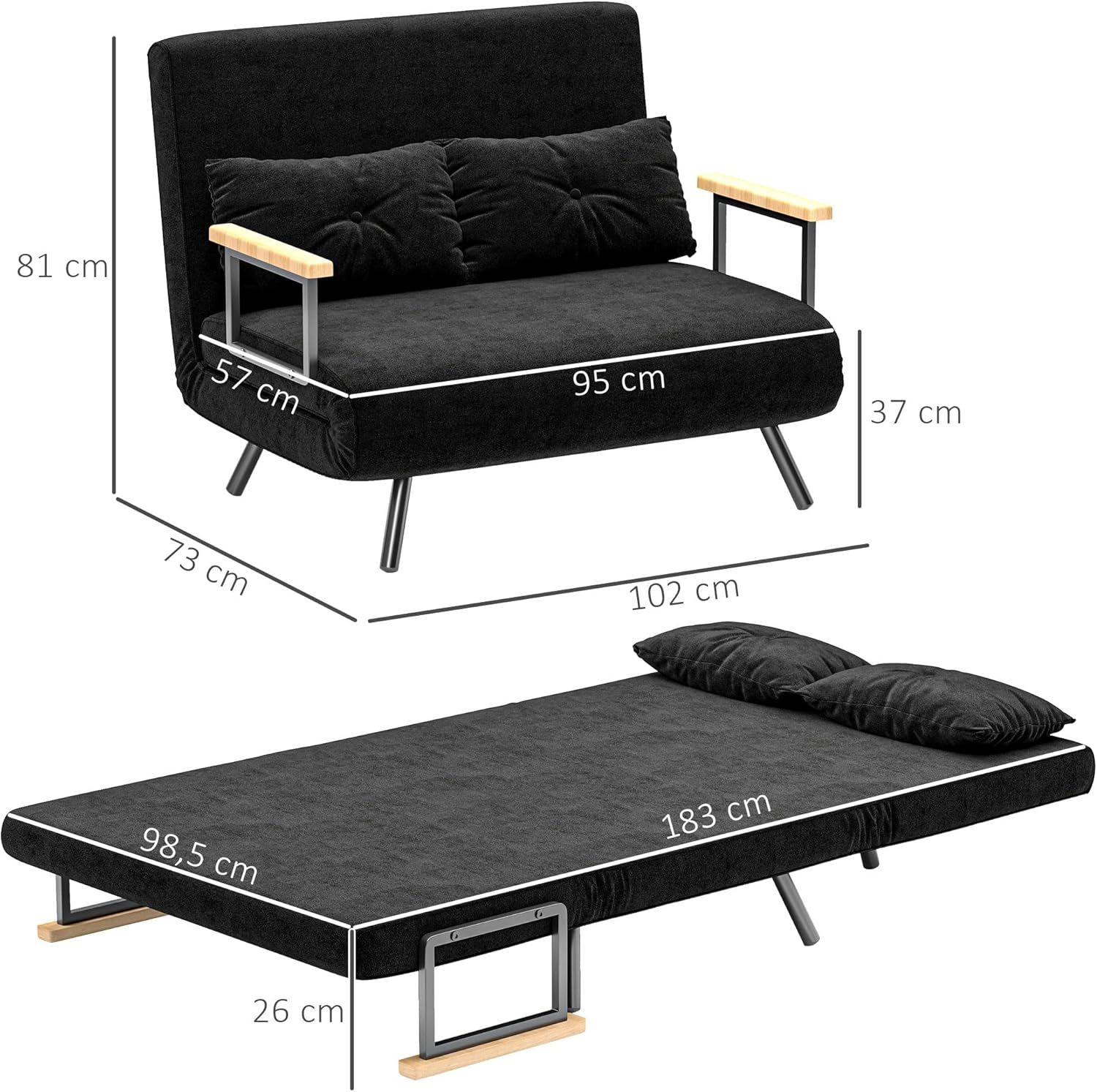 HOMCOM Schlafsofa, 2-Sitzer, Klappsofa, Samtbezug, 5-fach verstellbare Rückenlehne und gepolsterte Kissen, für Büro, Schlafzimmer, Wohnzimmer, 102 x 73 x 81 cm, Beige