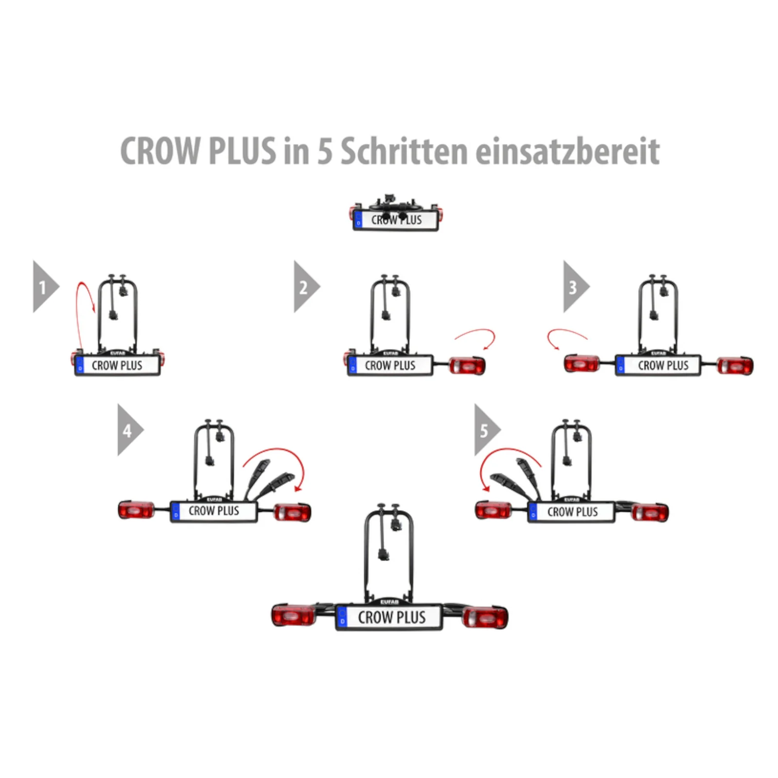 EUFAB Fahrradträger für die Anhängerkupplung (Modell CROW PLUS) – 2025 – für 2 Fahrräder/E-Bikes bis 50 kg. Zusammenklappbar.