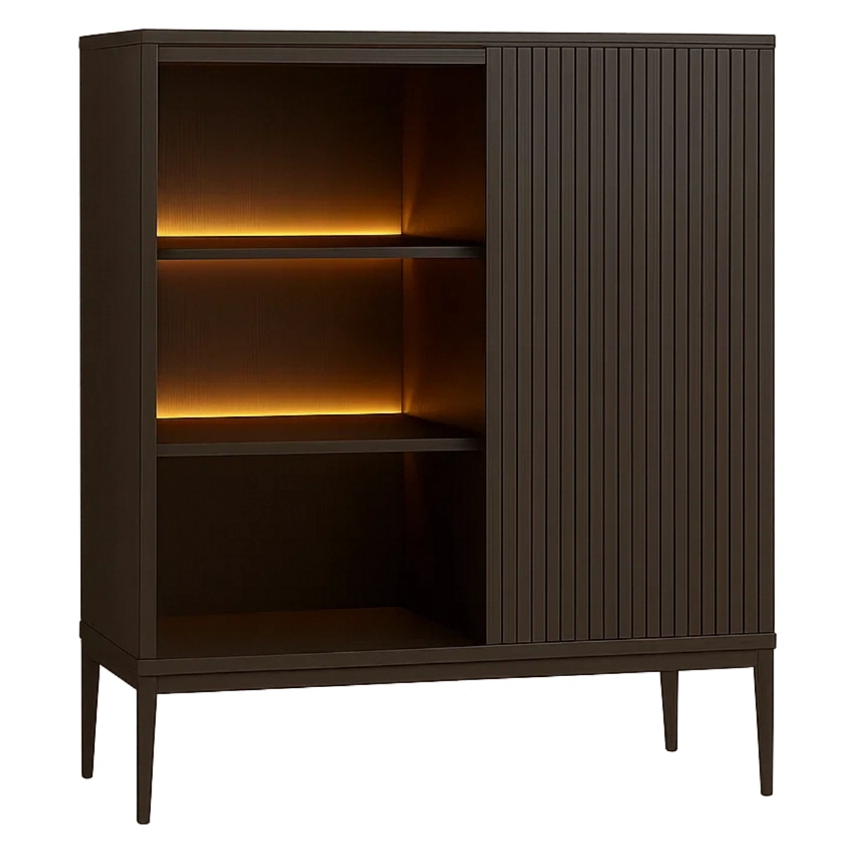 Vitrine avec porte en bois, 3 étagères en MDF avec éclairage LED, marron foncé, autoportante, pour salon ou salle à manger, 90 x 35 x 130 cm - 3uSiOUXOHkMC