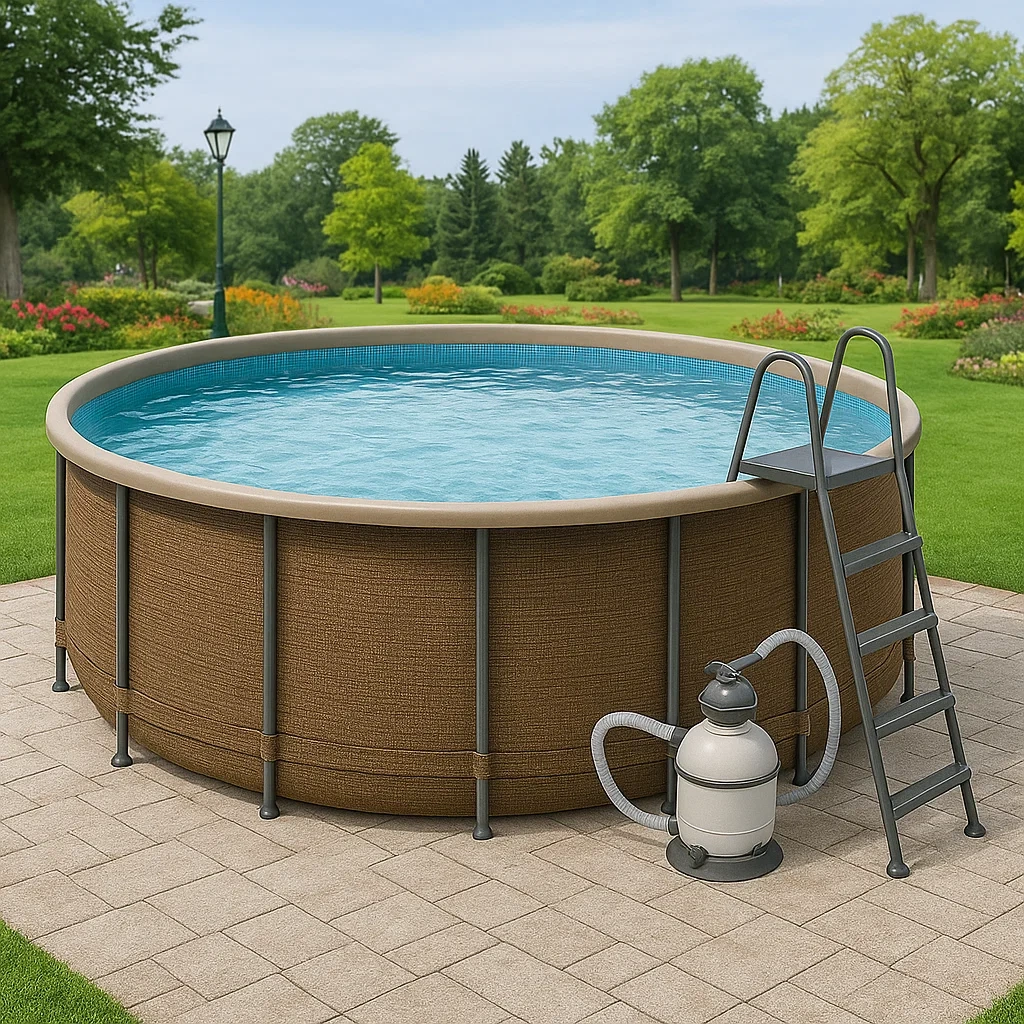 Piscine tubulaire ronde, diamètre 358 x 98 cm, coloris marron et gris, avec filtre et échelle (QOaqory277Id)