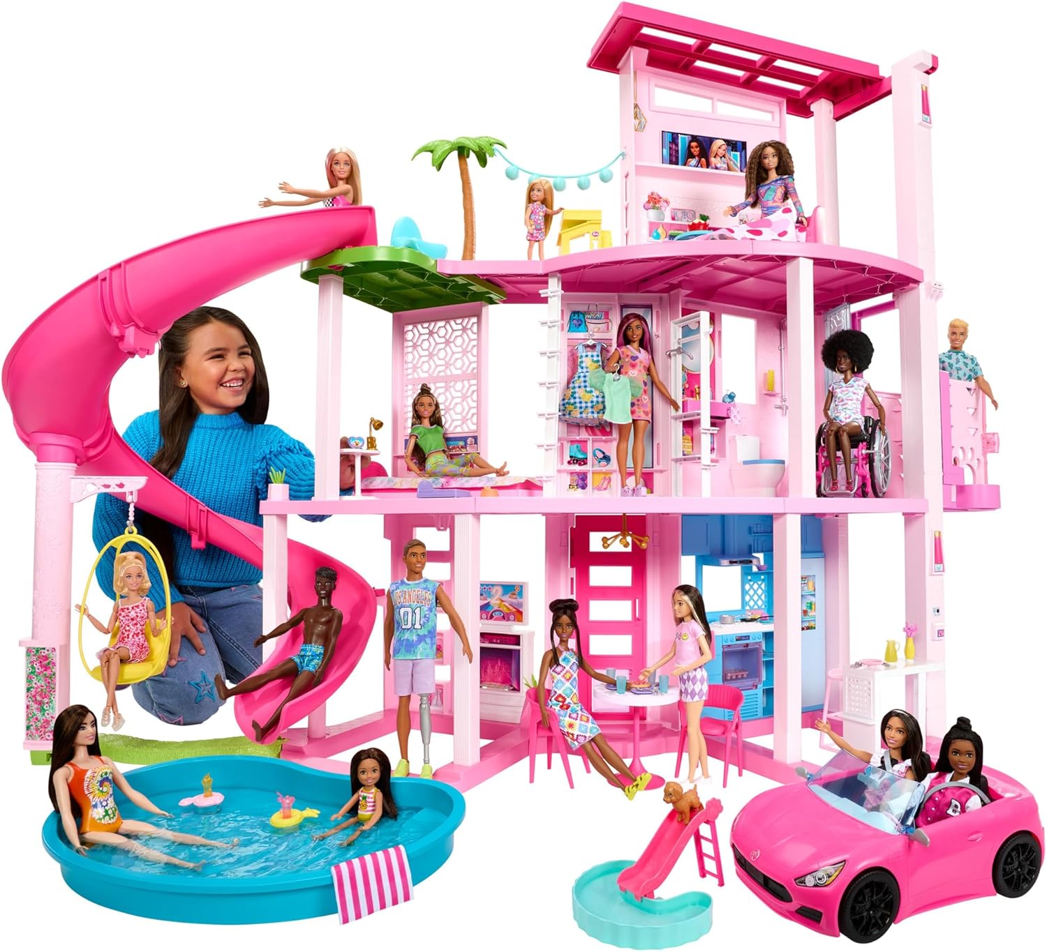 Barbie Dreamhouse 2023 3-stöckiges Puppenhaus-Spielzeug mit über 75 Möbelstücken und Accessoires, ab 3 Jahren (Mattel HMX10)