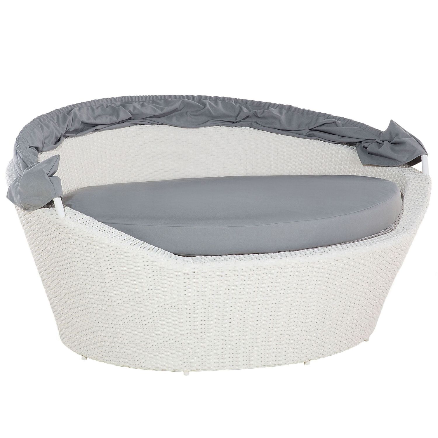 Lit de repos d'extérieur en polyrotin blanc avec coussins gris, table basse, bain de soleil et auvent robuste, Sylt - Blanc