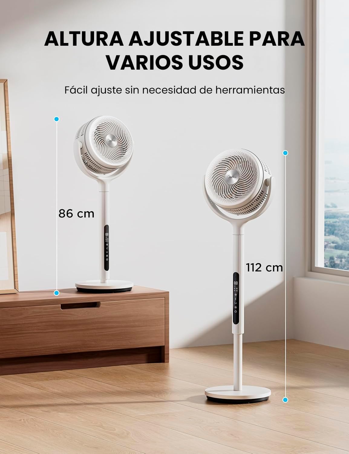 Ventilateur sur pied MIDEA 12 vitesses avec télécommande – Ventilateur silencieux avec oscillation 120º + 135º – Ventilateur avec minuterie, filtre et doubles pales – Débit d'air jusqu'à 24 mètres