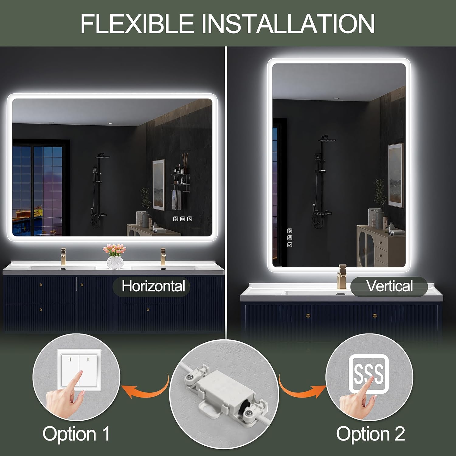 S'bagno badeværelsesspejl med lys 1200x700mm, IP44 - badeværelsesspejl med LED og Bluetooth, antidugfunktion / 3 lysfarver (3000K, 4000K, 6500K) / Dæmpbar / Memory, lodrette eller vandrette badeværelsesspejle med LED