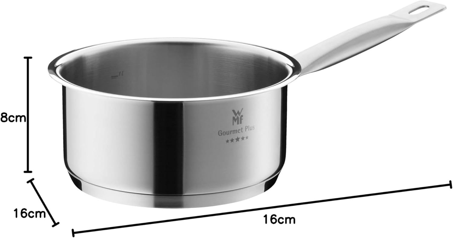WMF Gourmet Plus - 5-teiliges Kochgeschirr-Set, Edelstahl, induktionsgeeignet, 1 flacher Bräter (20 cm), 3 hohe Bräter (16 cm, 20 cm und 24 cm), 1 Stielkasserolle (16 cm) mit 4 Edelstahldeckeln