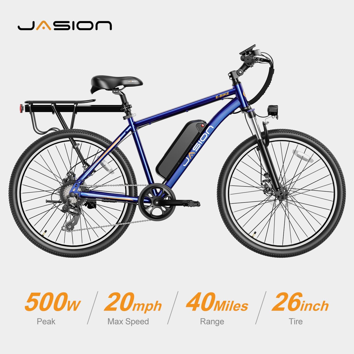 Vélo électrique Jasion EB5 pour adultes avec batterie amovible de 360 ​​Wh, 64 km, 32 km/h, VTT électrique de ville avec moteur de 350 W, 7 vitesses, pneus de 26 pouces et suspension avant.