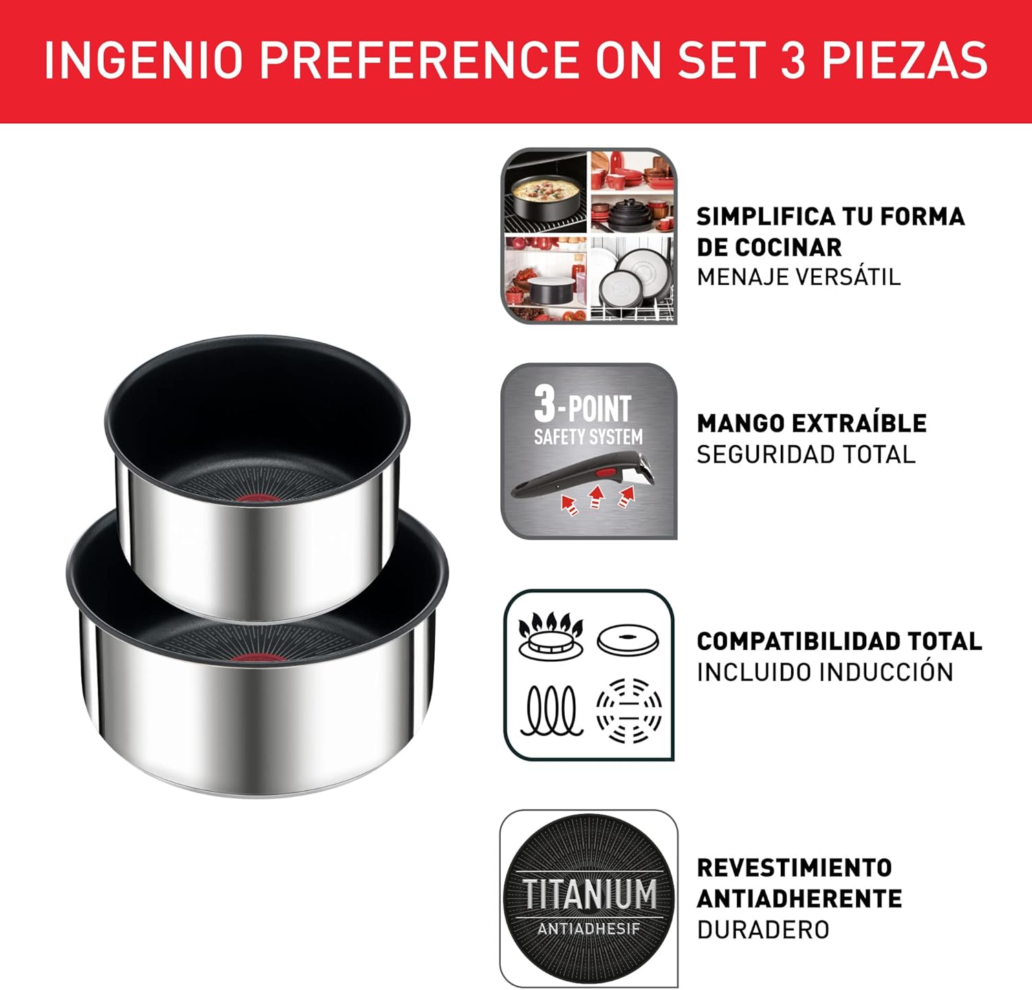 Tefal Ingenio Preference On Set: 2 Bratpfannen (24/28 cm) + 2 Stielkasserollen (16/20 cm) + 24 cm Topf + 26 cm Wok + 2 abnehmbare Griffe + 5 Zubehörteile | Induktionsgeeignet, antihaftbeschichtet, PFOA-frei