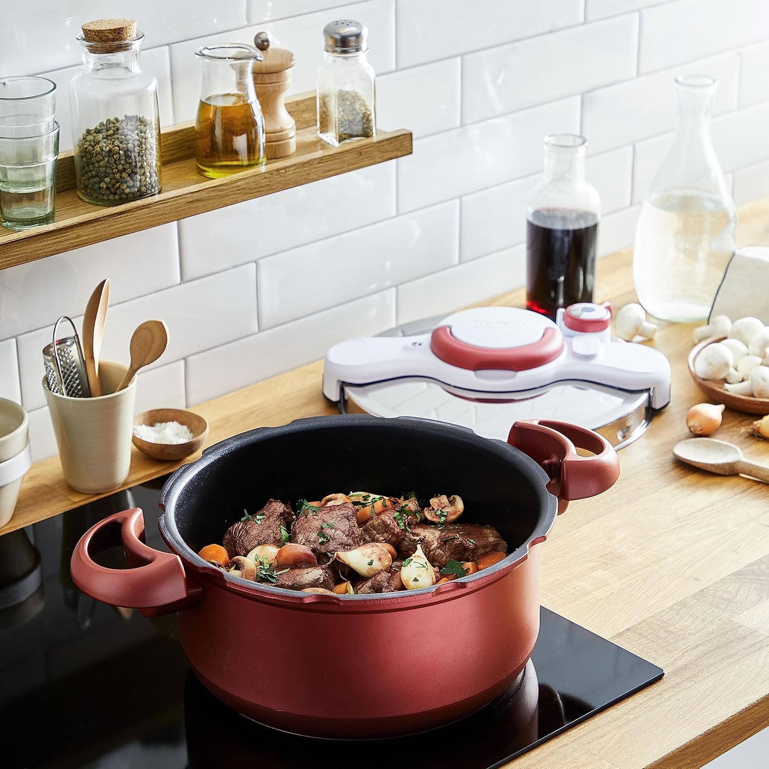 Tefal P47051 Clipso Minut Duo Aluminium-Schnellkochtopf mit 5 Sicherheitssystemen und einfacher Einhandbedienung, Grau/Rot, 5 l