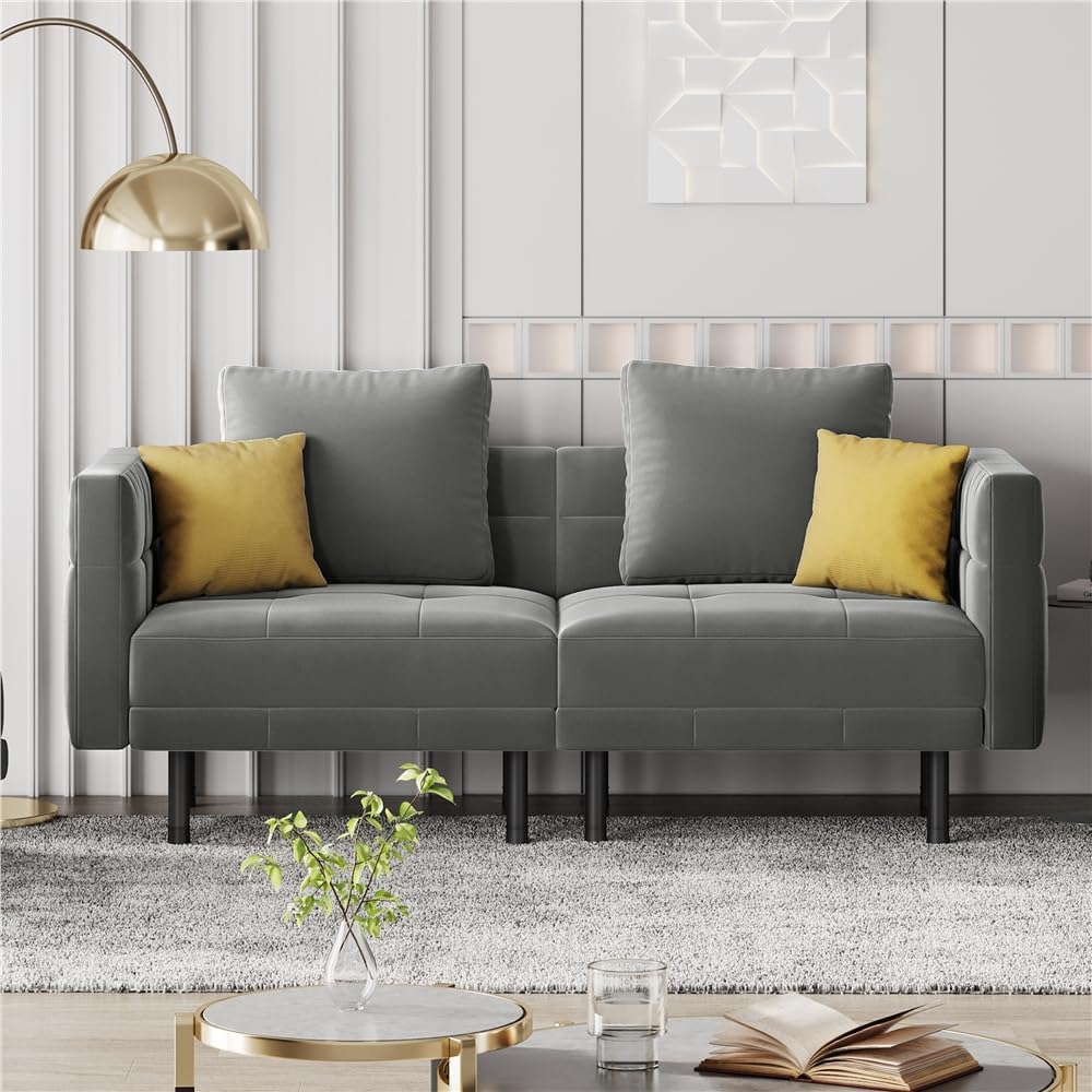 Yaheetech 2-personers fløjlssovesofa, konvertibel sofa 171x80x72cm med 4 puder, sofa med justerbare armlæn og ryglæn til stue, soveværelse og arbejdsværelse, grå