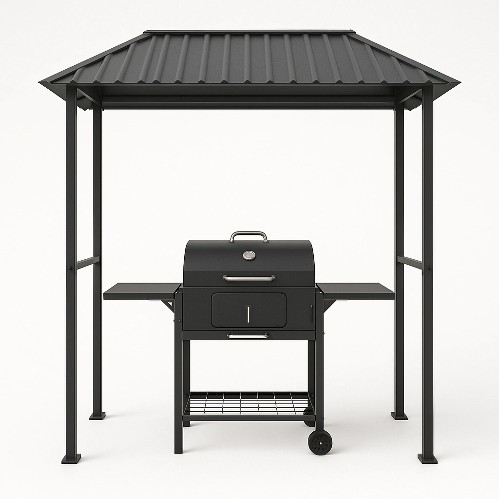Abri barbecue avec structure métallique noire/grise et toit en acier, 200 x 120 x 220 cm