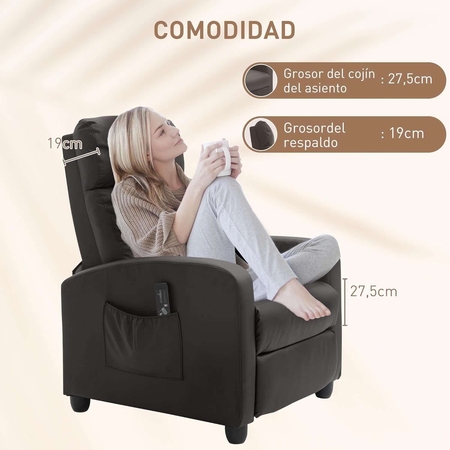 HOMCOM Massagestol, Hvilestol med Fjernbetjening, 2 Massagezoner, 8 Programmer, 5 Intensitetsniveauer, 1 Sidelomme og Timer, PU Betræk, 68x88x98 cm, Creme