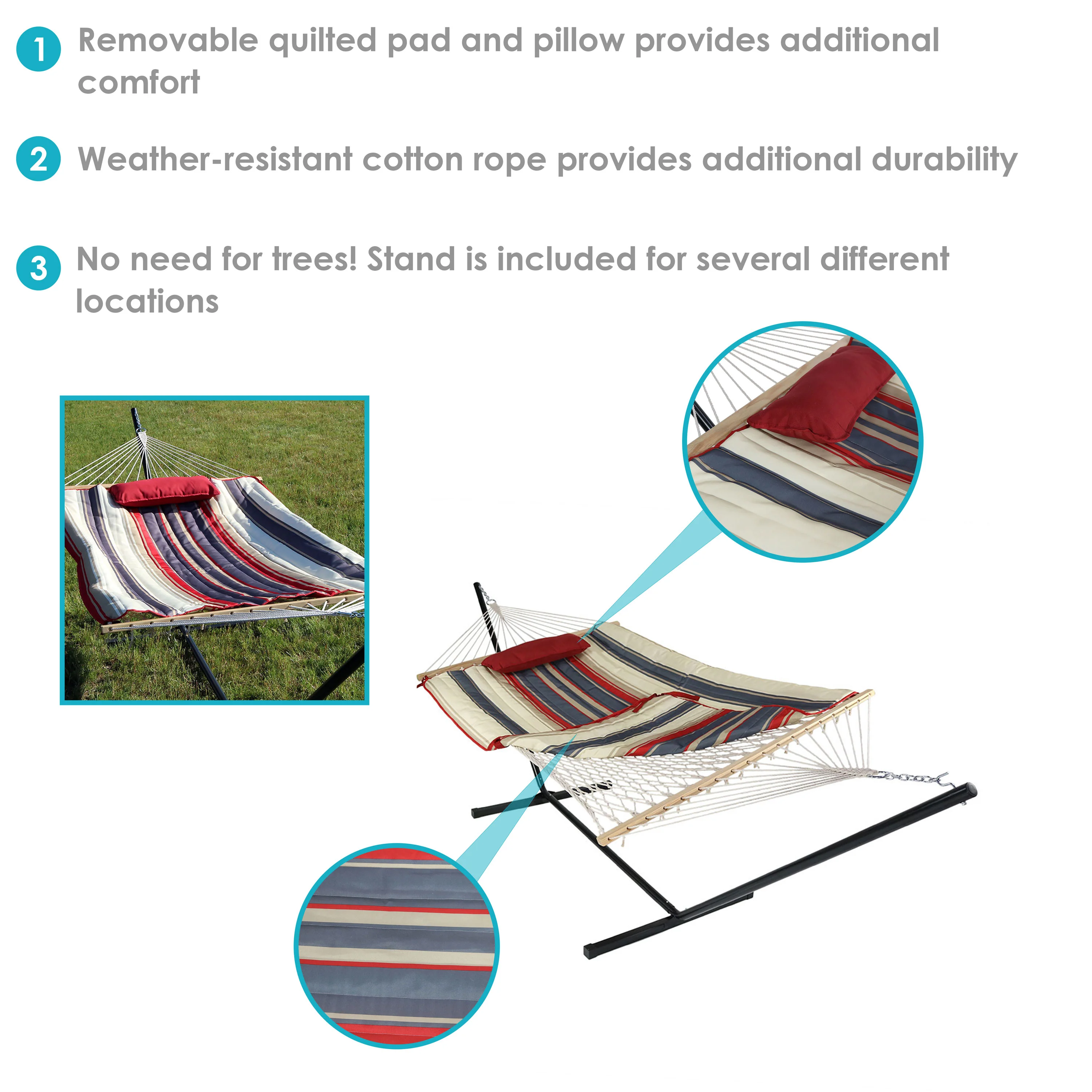 2025 Sunnydaze 12' rebhængekøje med stålstativ, madras og pude