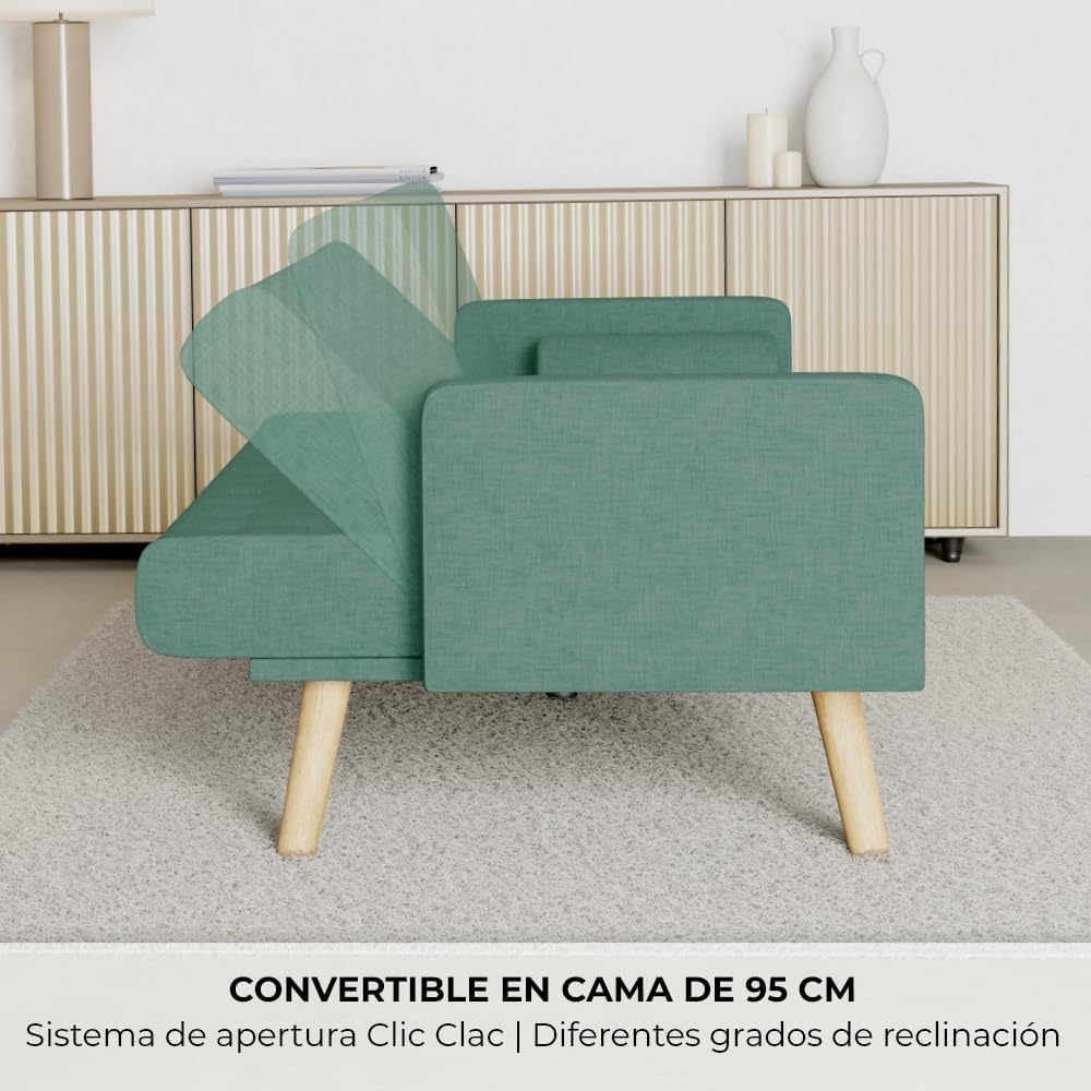 Nalui – 3-Sitzer-Schlafsofa, gepolstert, 203 x 82 x 78 cm, One Dots, mit 2 Kissen und Klick-Klack-Öffnungsmechanismus mit mehreren Liegepositionen. Chaiselongue-Schlafsofa mit Holzbeinen, umwandelbar in ein Doppelbett | Beige