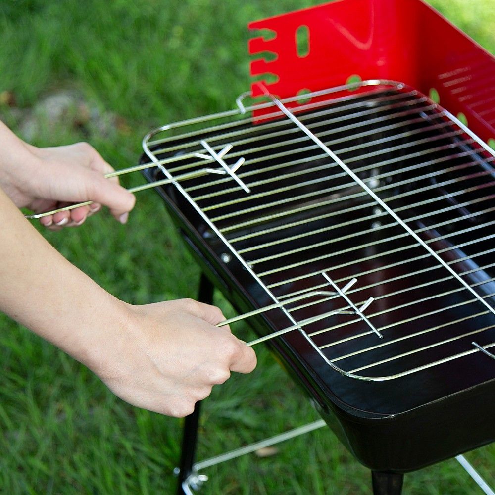 Tragbarer Holzkohlegrill mit Windschutz und höhenverstellbarem Grillrost, 42 x 42 x 54 cm – Stahl. Schwarz und Rot.