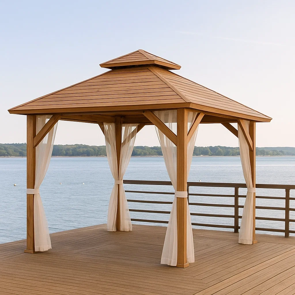 Tonnelle de jardin en bois avec toit à quatre pans et rideaux couleur bois, 300 x 300 x 250 cm, pour jardin extérieur - o2dyG6BbA3Nc