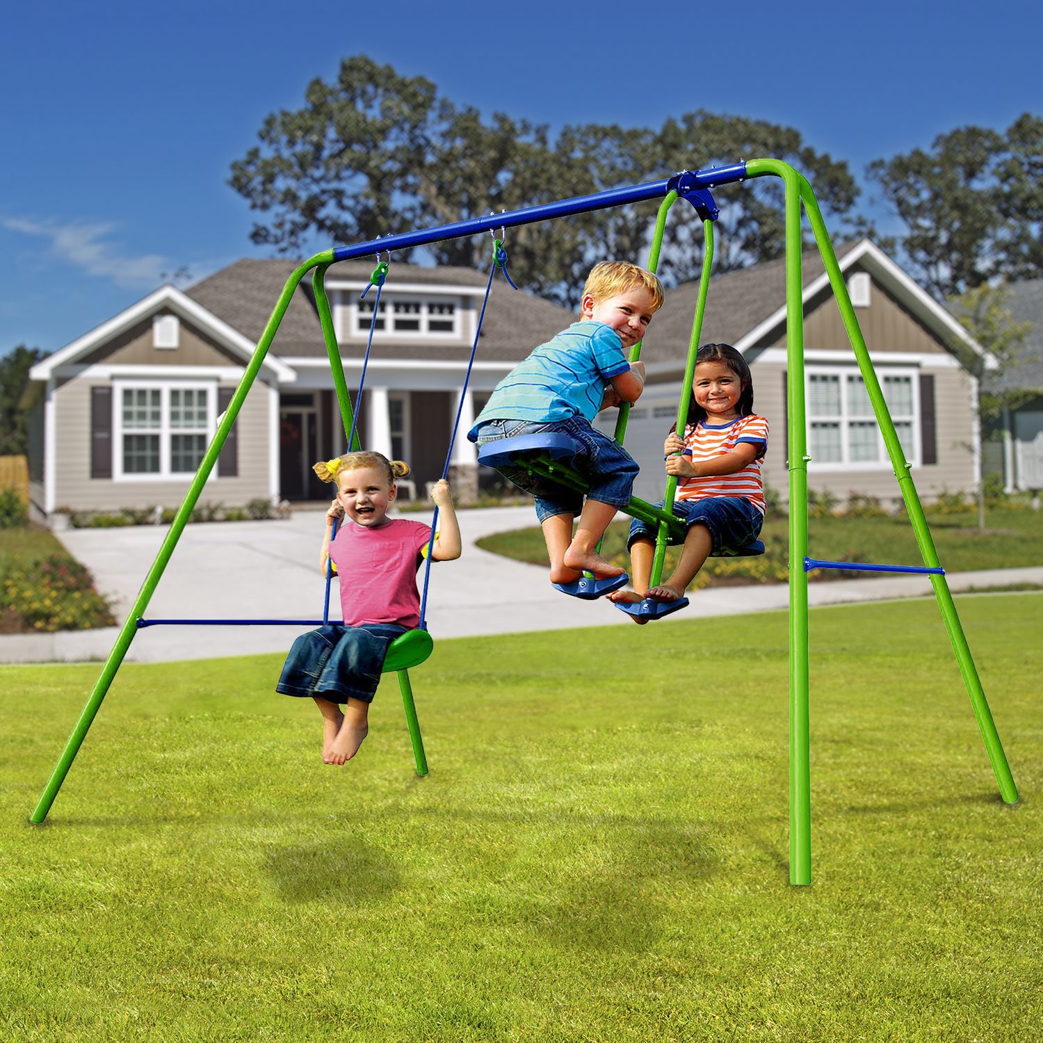 Kinderschaukel für den Garten + Spielset aus Metall für Kinder ab 3 Jahren, Outdoor-Spielzeug, 220 x 140 x 182 cm, Tragkraft bis zu 45 kg