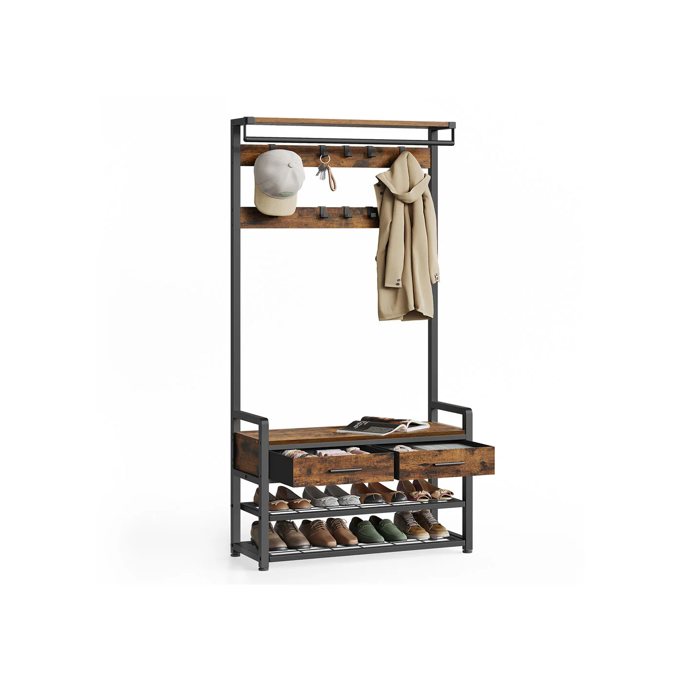 Knagerække til entreen med aftagelige kroge, skuffer og skobænk