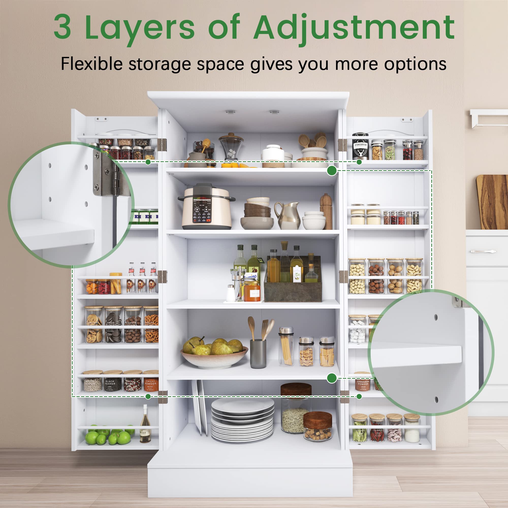 Jehiatek 47-tommer køkkenskab, fritstående hvidt skænkskab med døre og justerbare hylder, opbevaringsenhed til køkken, stue og spisestue