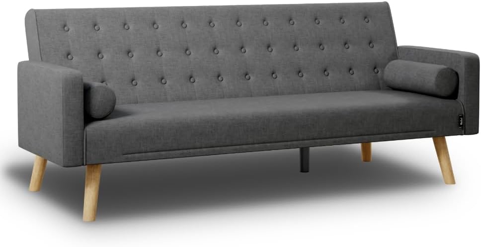 Nalui – 3-Sitzer-Schlafsofa, gepolstert, 203 x 82 x 78 cm, One Dots, mit 2 Kissen und Klick-Klack-Öffnungsmechanismus mit mehreren Liegepositionen. Chaiselongue-Schlafsofa mit Holzbeinen, umwandelbar in ein Doppelbett | Beige