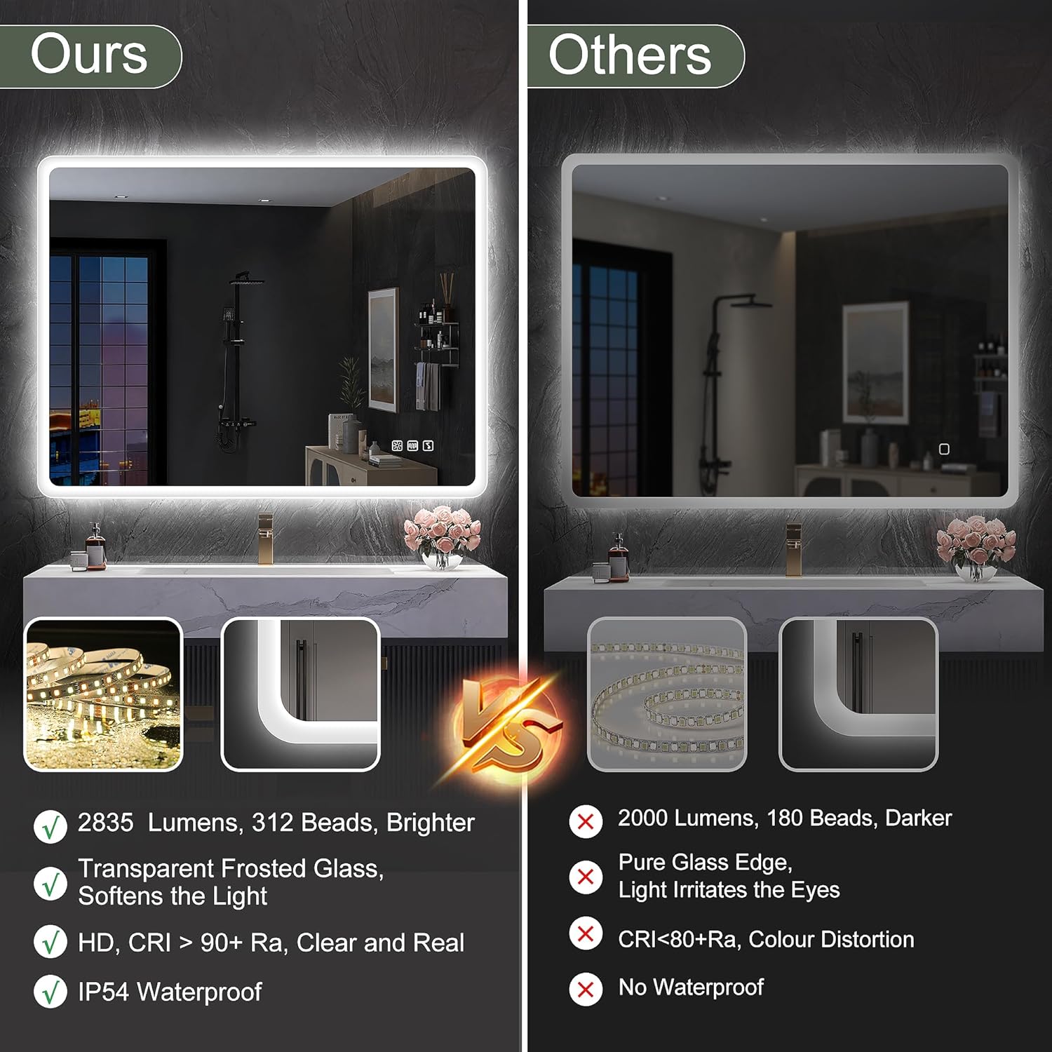 S'bagno badeværelsesspejl med lys 1200x700mm, IP44 - badeværelsesspejl med LED og Bluetooth, antidugfunktion / 3 lysfarver (3000K, 4000K, 6500K) / Dæmpbar / Memory, lodrette eller vandrette badeværelsesspejle med LED