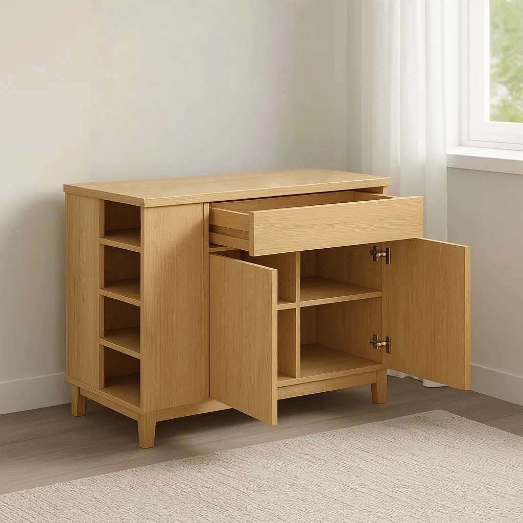 Îlot de cuisine rectangulaire avec double placard, un tiroir et étagères ouvertes, en MDF, coloris chêne clair, 100 x 45 x 85 cm, pour le rangement de la cuisine. - pL5Ud6DPzavO