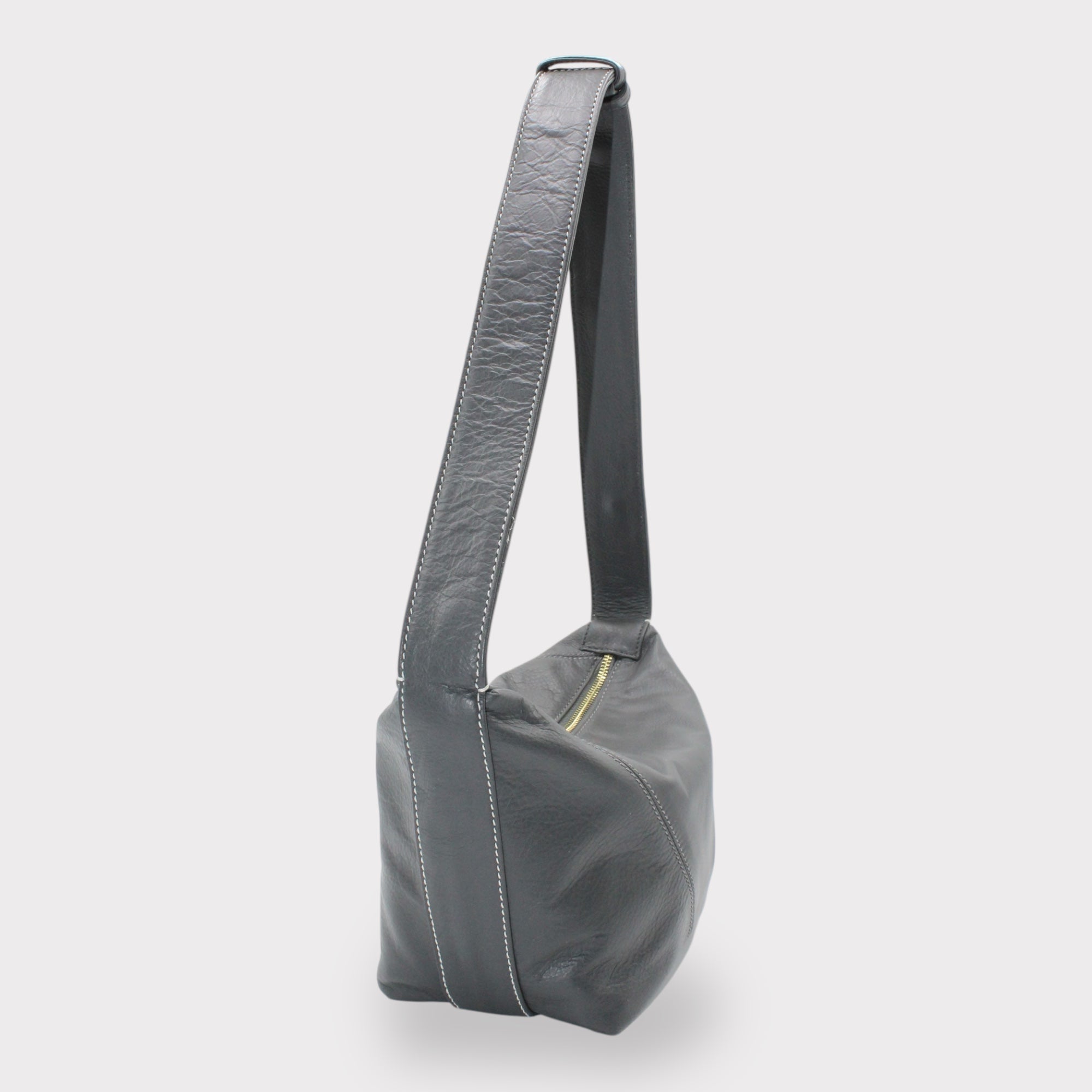Evy - Genuine Leather Pouch Shoulder Bag - Ash Grey