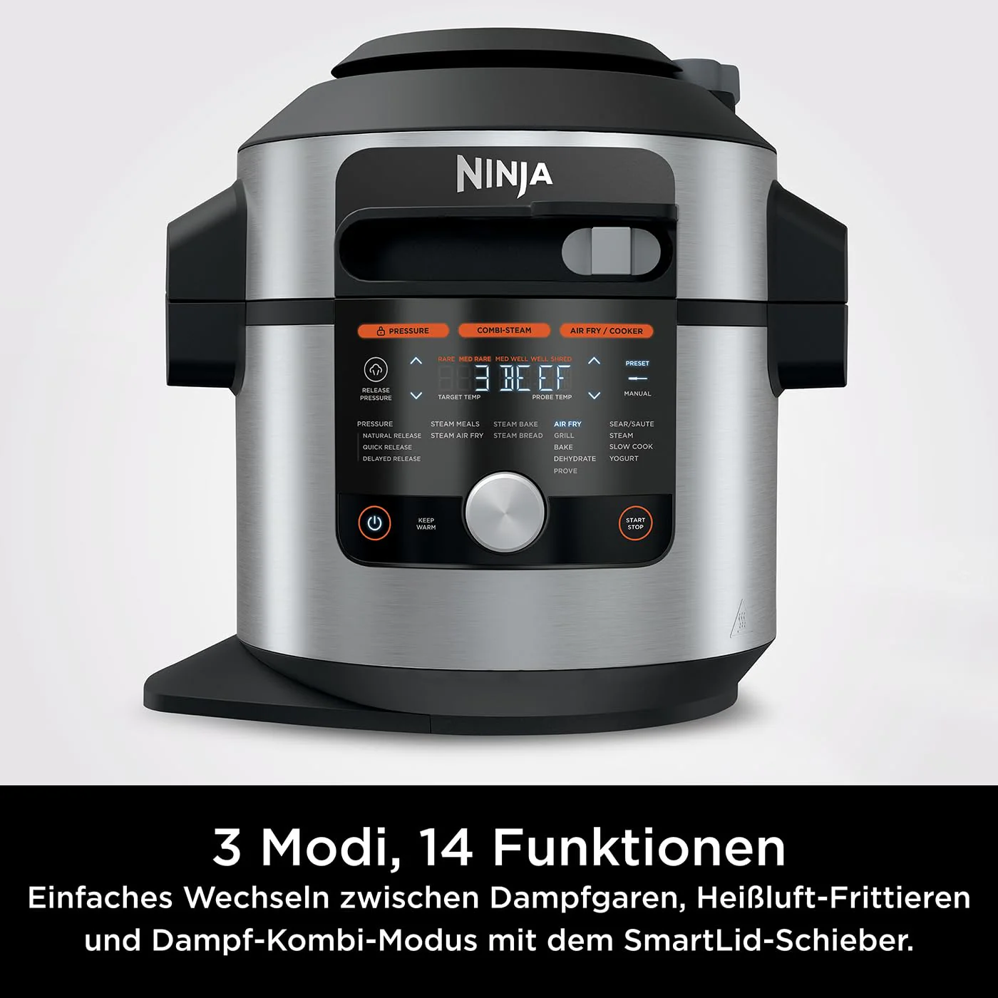 2025 Ninja Foodi MAX multifunktionskomfur med smart låg. 7,5 l. 14-i-1 multifunktionskomfur. Trykkoger. Airfryer. Slowcooker. Digital temperatursensor. Rustfrit stål. OL750EU