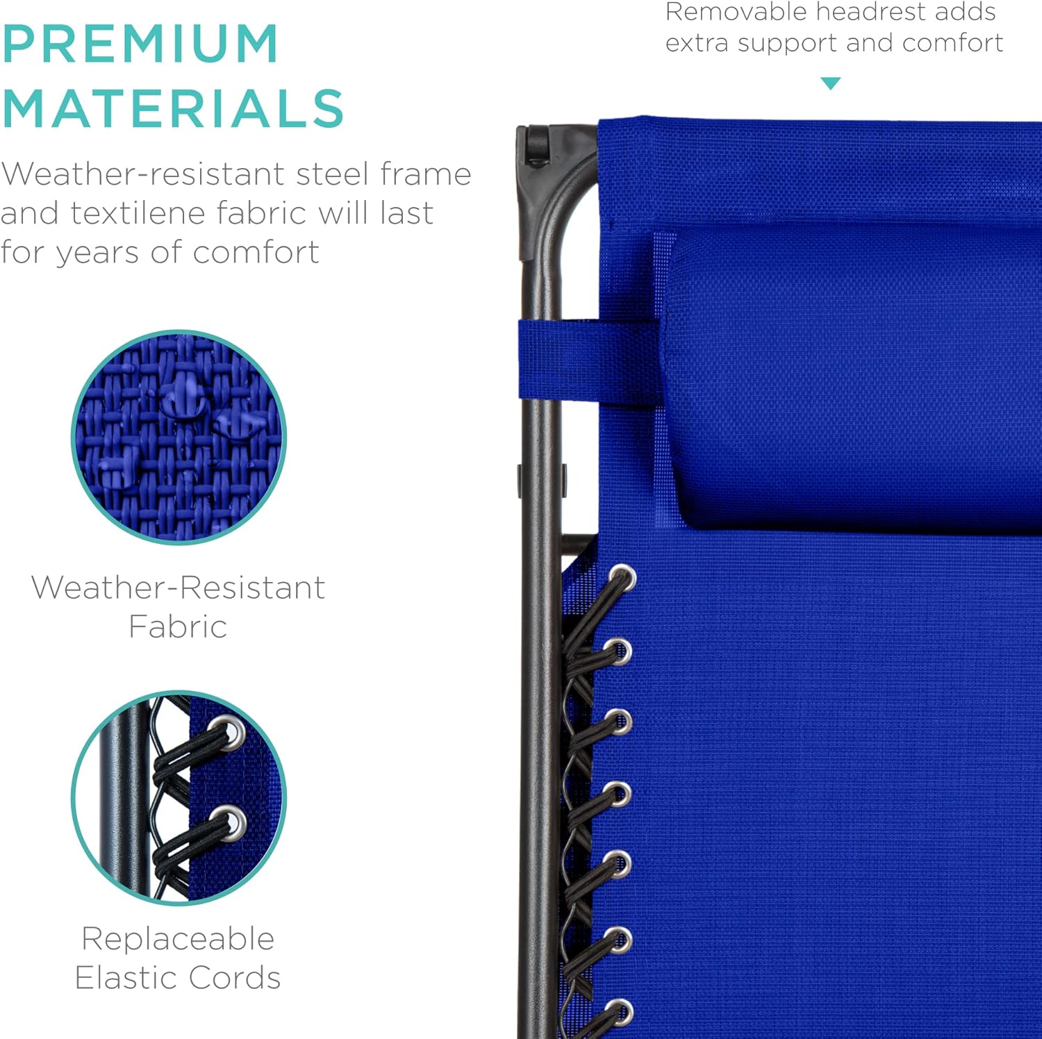 Bedste valg – Zero Gravity-lænestol til terrassen. Justerbar og foldbar udendørsstol med baldakin, nakkepude og sidebakke. Textilene – Påfugleblå