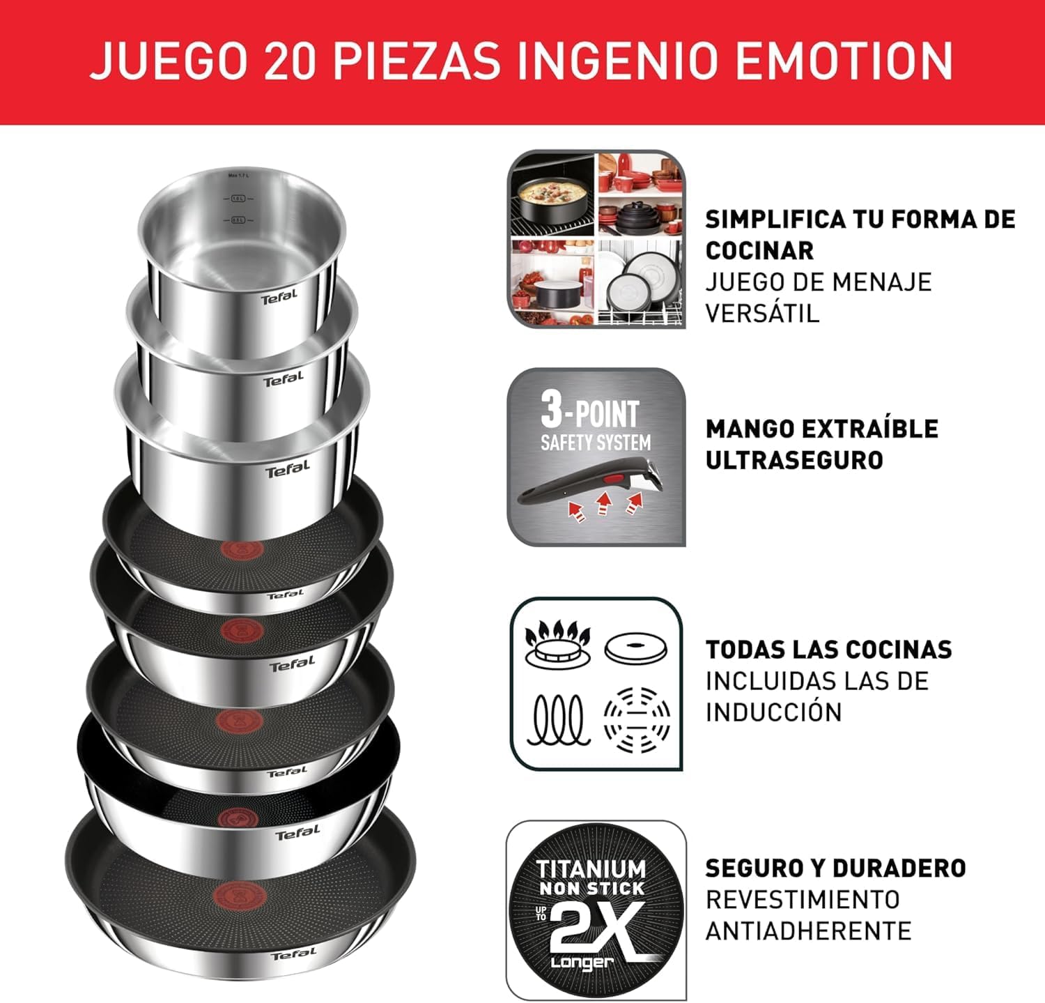 Tefal Ingenio Emotion Sæt med 3 stegepander 22/24/28 cm + 3 kasseroller 16/18/20 cm + gryderet 24 cm + wok 26 cm + 12 tilbehør | Induktionssikker, non-stick, tåler opvaskemaskine og ovn