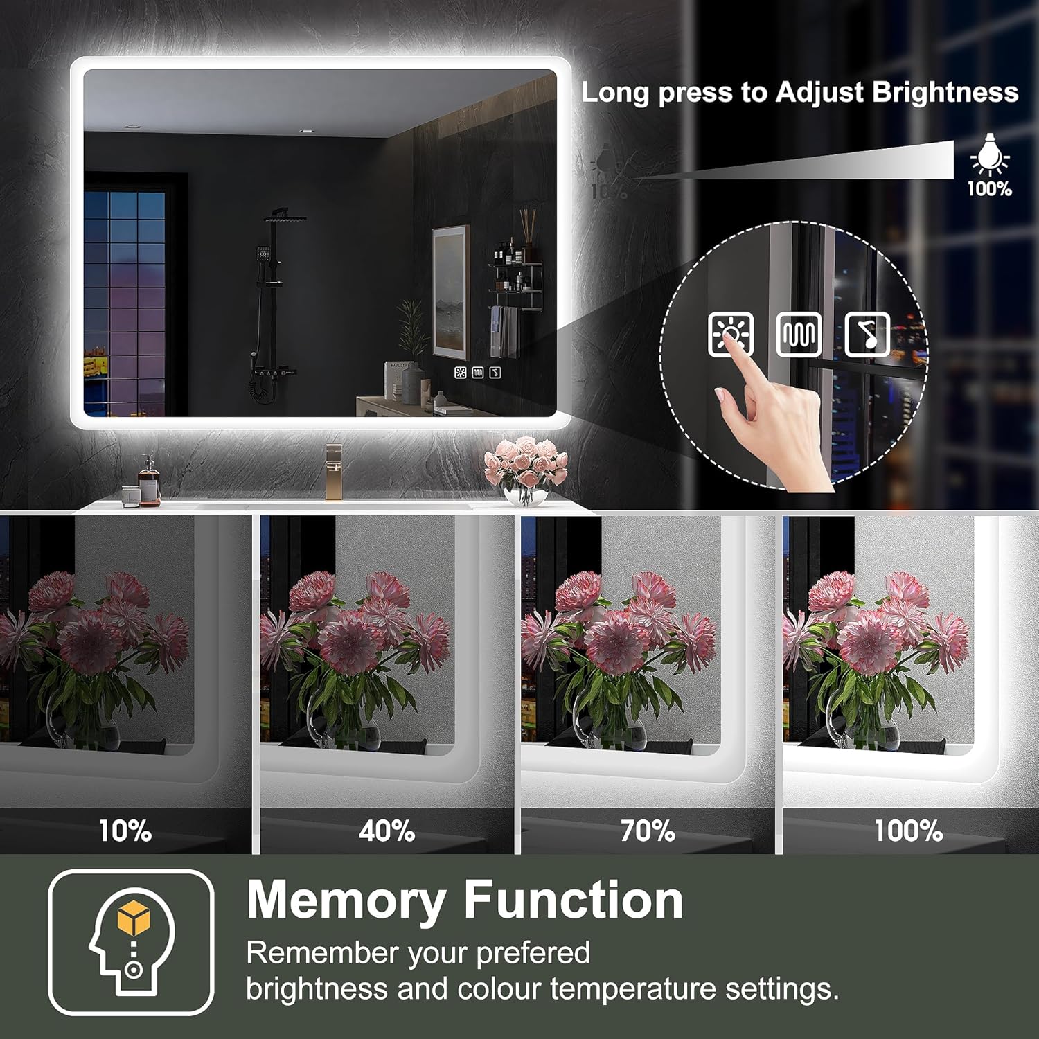 S'bagno badeværelsesspejl med lys 1200x700mm, IP44 - badeværelsesspejl med LED og Bluetooth, antidugfunktion / 3 lysfarver (3000K, 4000K, 6500K) / Dæmpbar / Memory, lodrette eller vandrette badeværelsesspejle med LED