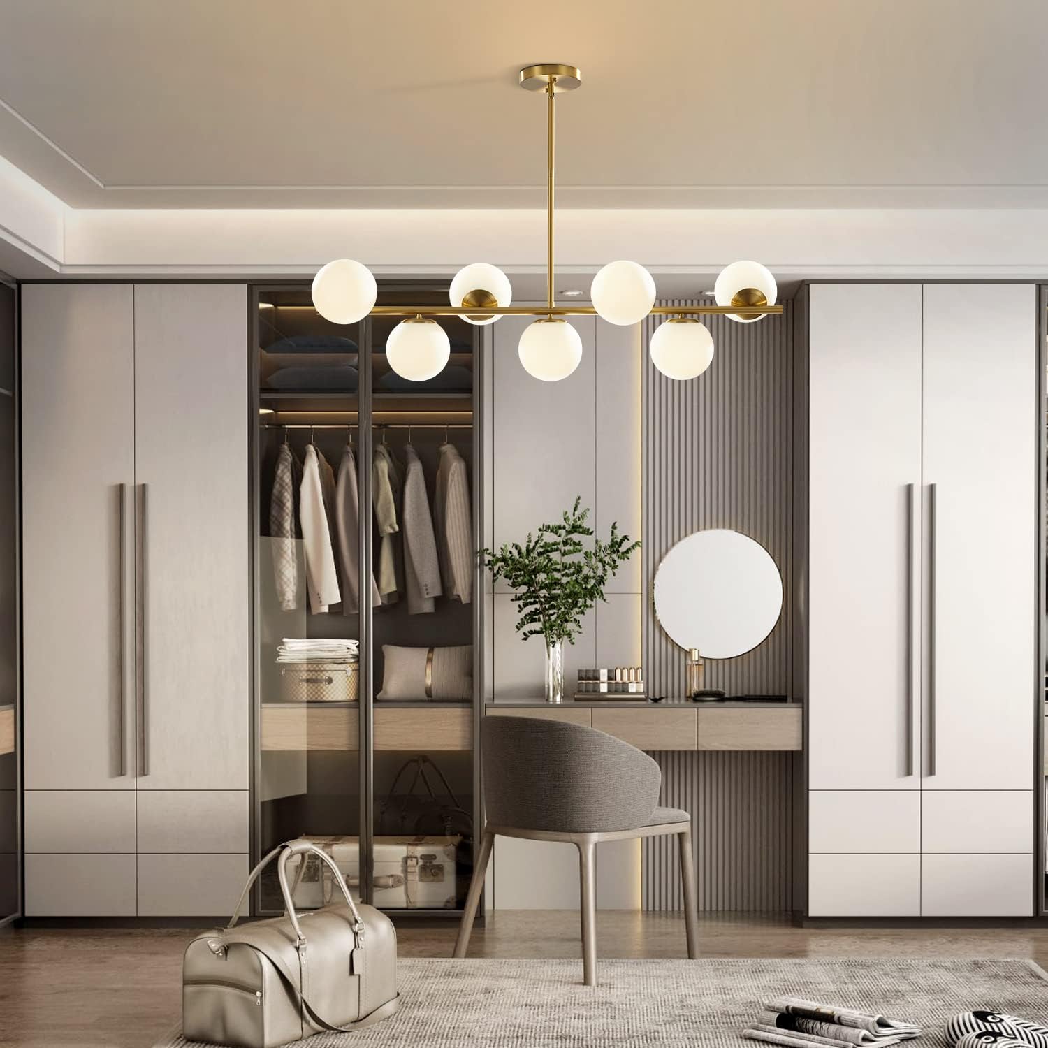 Moderne Esszimmerleuchte von KCO Lighting aus goldfarbenem Metall, Kücheninsel-Pendelleuchte aus weißem Glas, 7-flammig, E27, 80 cm höhenverstellbar