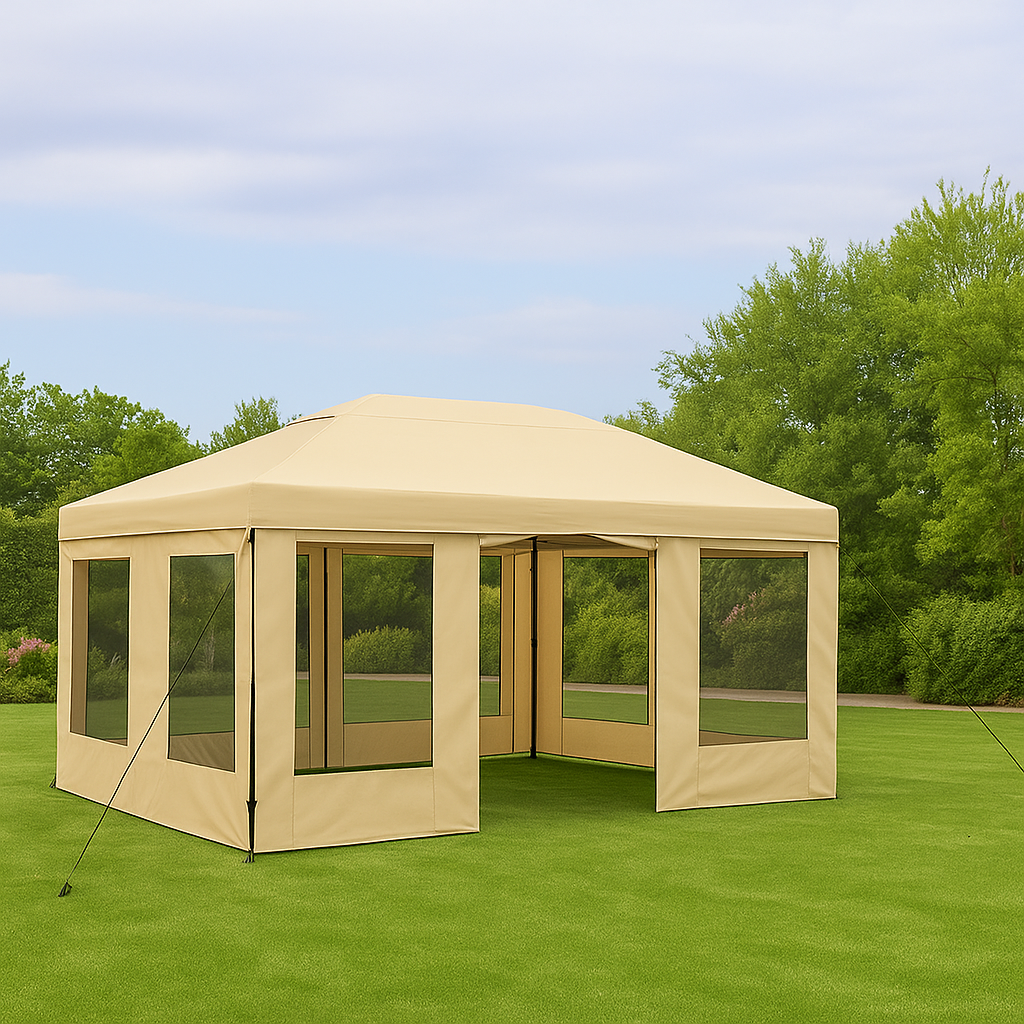 tonnelle pliante beige en polyester pour jardin, terrasse, événements, 3 x 2,2 x 2,6 m