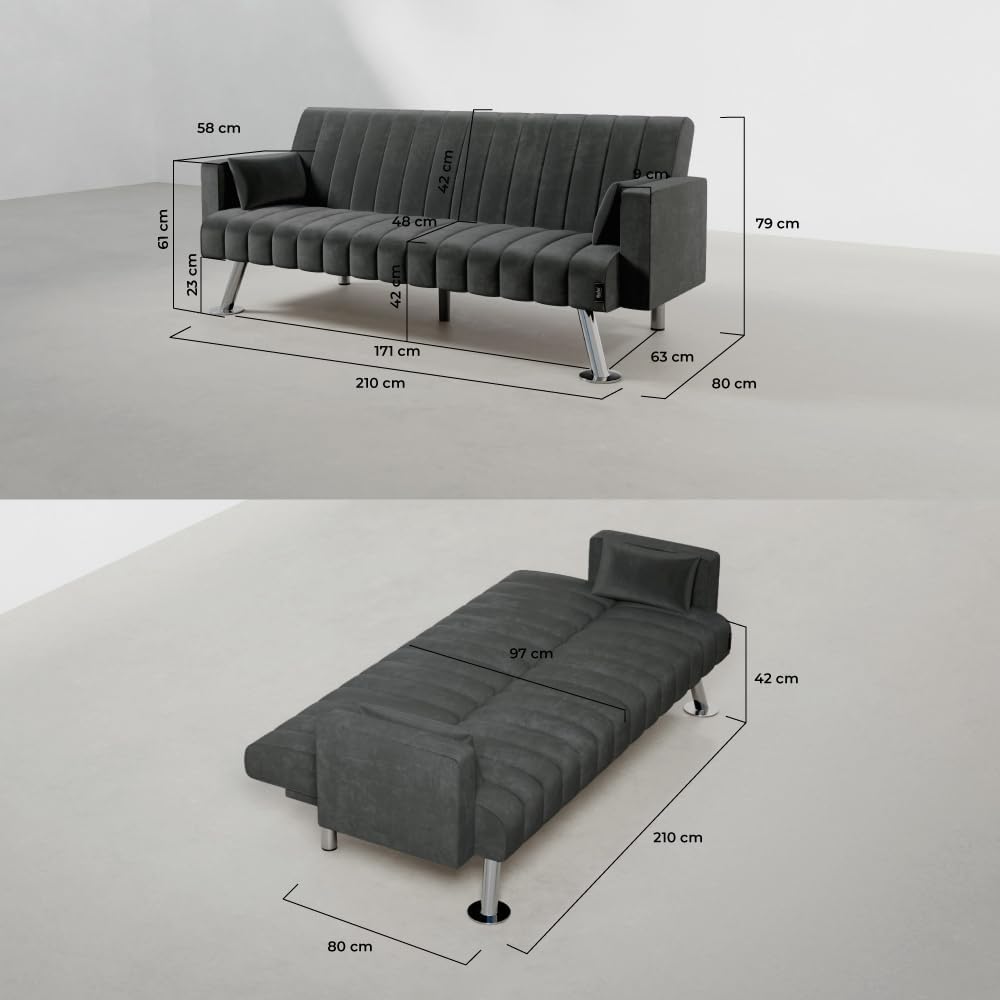 Nalui – Gepolstertes 3-Sitzer-Schlafsofa 210 x 80 x 79 cm, einlagig, 2 Kissen, Klick-Klack-Öffnungsmechanismus mit verstellbarer Rückenlehne. Samt-Chaiselongue-Schlafsofa, umwandelbar in ein Doppelbett | Beige