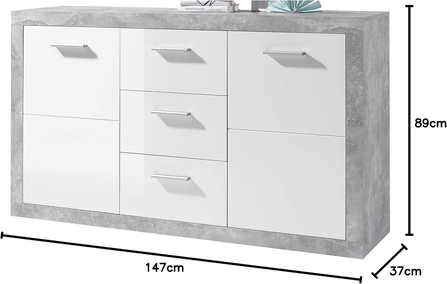 STONE Große Vitrine mit Betonoptik und hochglänzendem Weiß, moderne Vitrine mit LED-Beleuchtung und viel Stauraum, 92 x 194 x 37 cm (B x H x T)