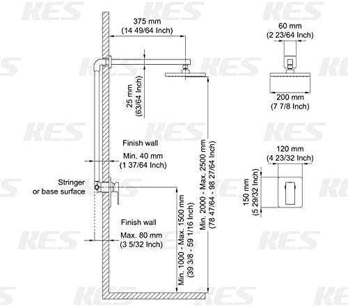 KES Schwarze Duscharmatur mit Duschventil und Regenduschkopf