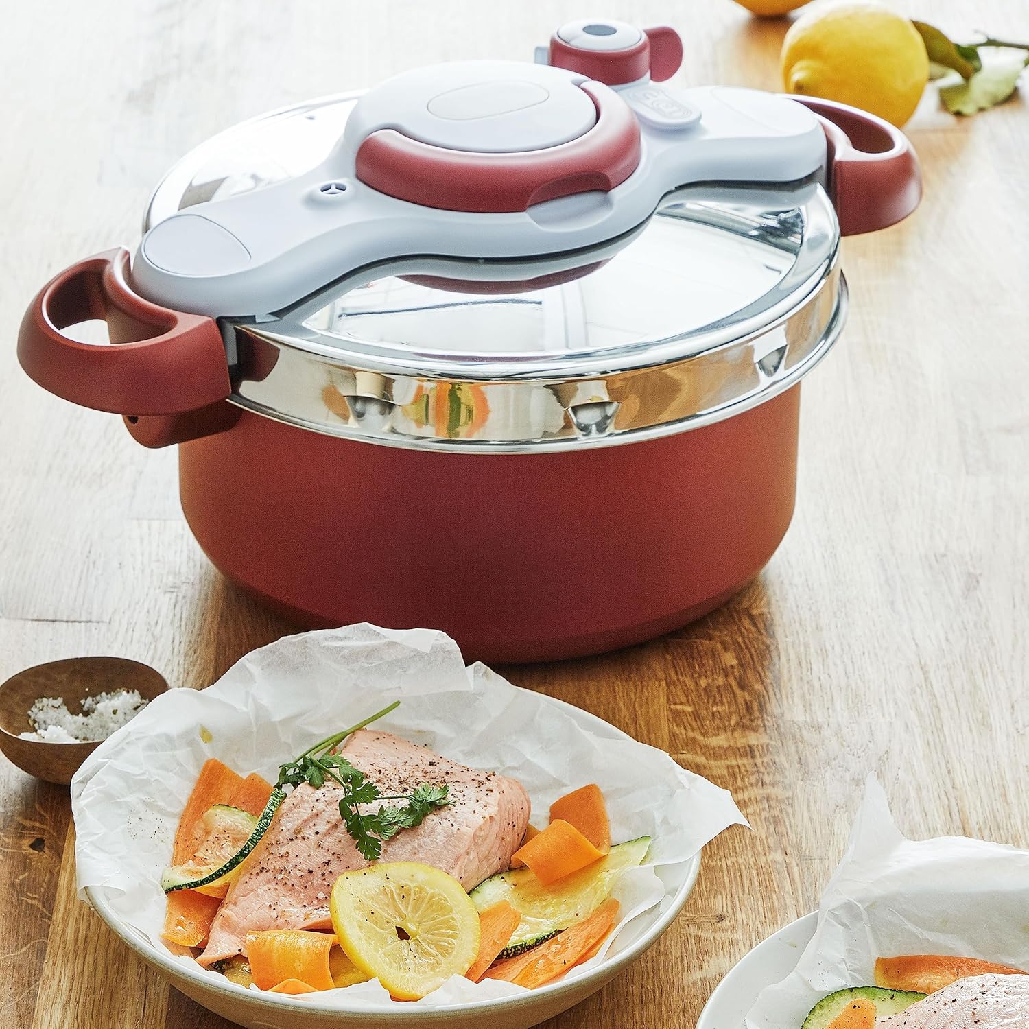 Tefal P47051 Clipso Minut Duo Aluminium-Schnellkochtopf mit 5 Sicherheitssystemen und einfacher Einhandbedienung, Grau/Rot, 5 l