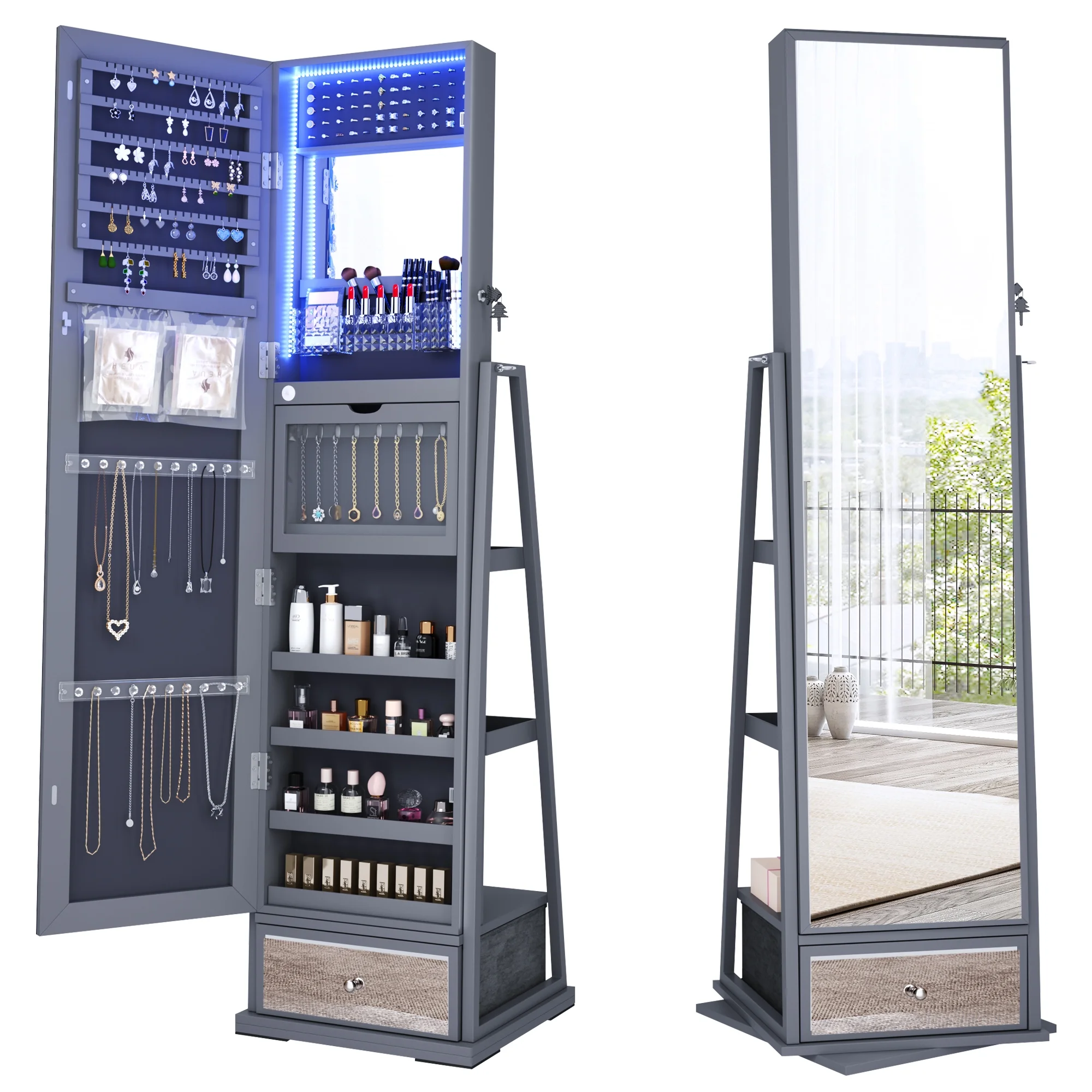FREDEES smykkeskrin med spejl og belysning: Træorganisator med spejl i fuld længde til kvinder. Elegant grå farve.