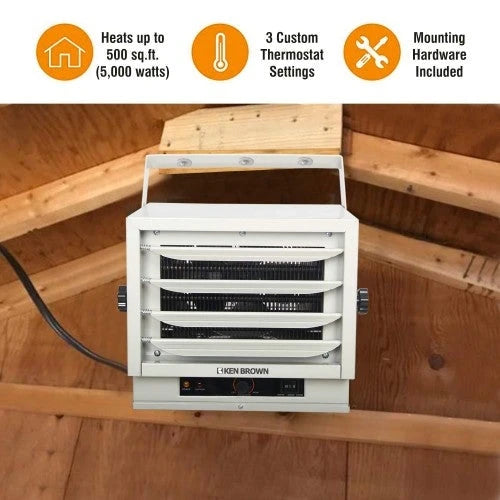 Chauffage de plafond à air pulsé Ken Brown 3 000/4 000/5 000 W avec deux boutons de commande pour garage, atelier, entrepôt ou zone de stockage, certifié ETL