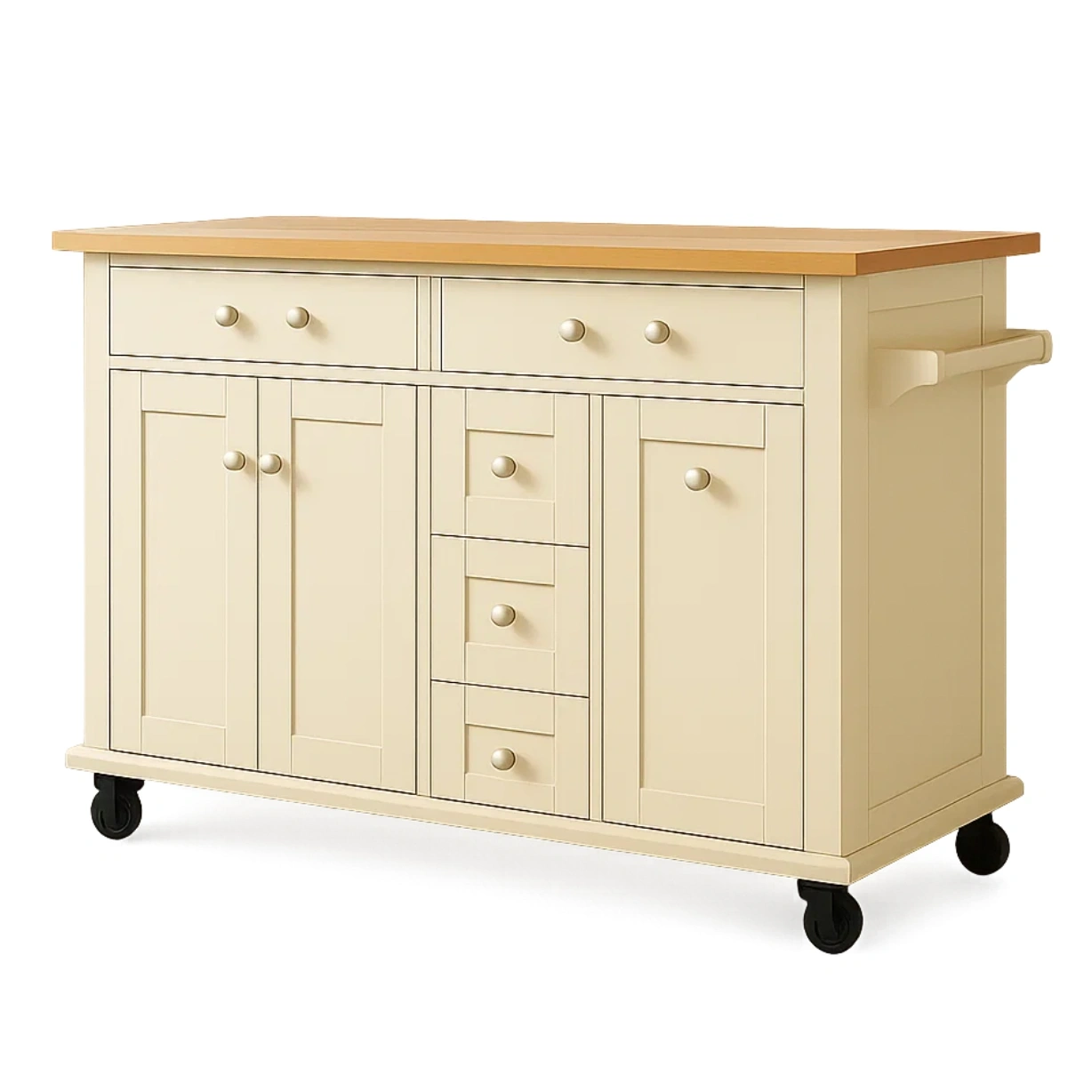 Îlot de cuisine, desserte de cuisine, 3 portes, 5 tiroirs et étagère, bois naturel et beige, sur roulettes, 100 x 50 x 85 cm - cE9Flal36nKM