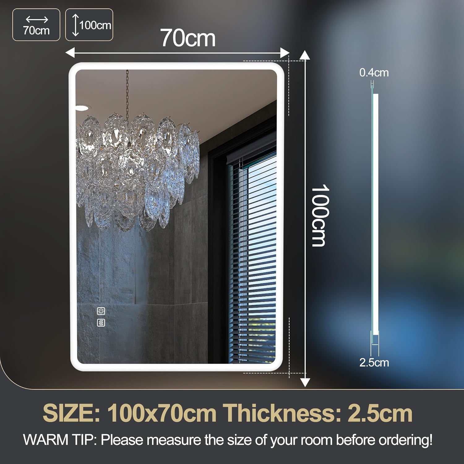 S'bagno badeværelsesspejl med lys 1200x700mm, IP44 - badeværelsesspejl med LED og Bluetooth, antidugfunktion / 3 lysfarver (3000K, 4000K, 6500K) / Dæmpbar / Memory, lodrette eller vandrette badeværelsesspejle med LED