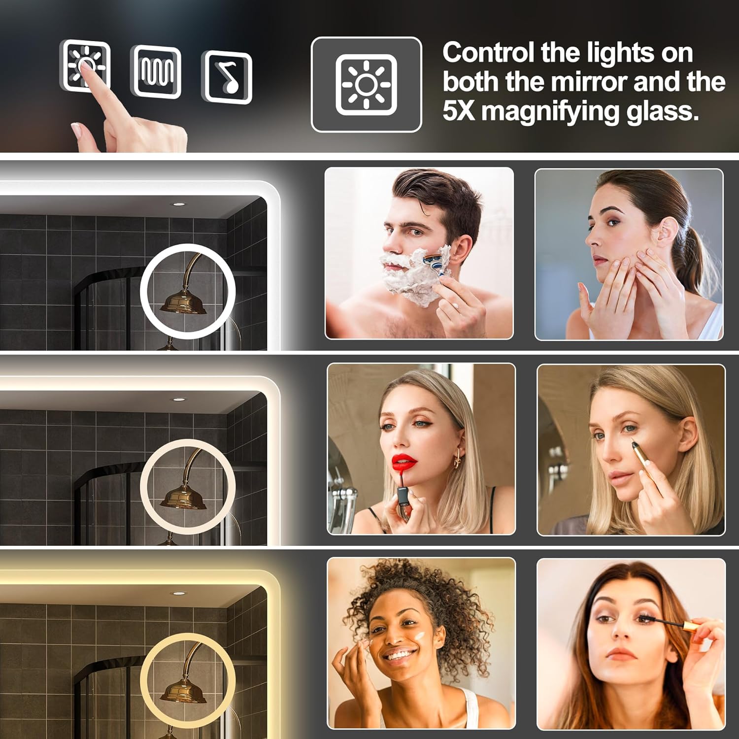 S'bagno badeværelsesspejl med lys 1200x700mm, IP44 - badeværelsesspejl med LED og Bluetooth, antidugfunktion / 3 lysfarver (3000K, 4000K, 6500K) / Dæmpbar / Memory, lodrette eller vandrette badeværelsesspejle med LED